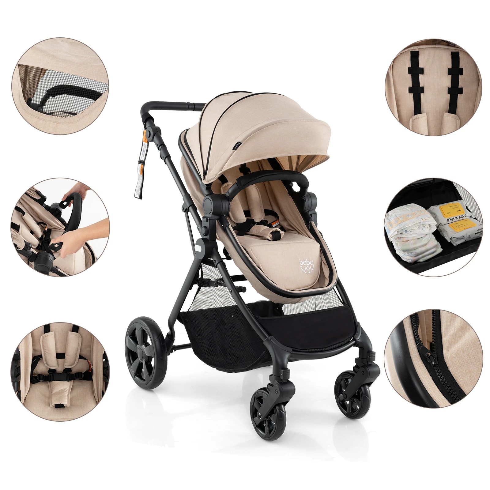 3 Costway Convertible Pram Folding Stroller - Beige, 3 of 5
