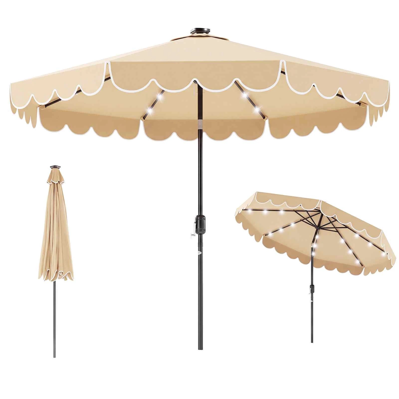 1 Costway 2.8M Solar Patio Umbrella w/24 LED Lights Tilt Adjust Outdoor Sunshade - Beige, 1 of 3