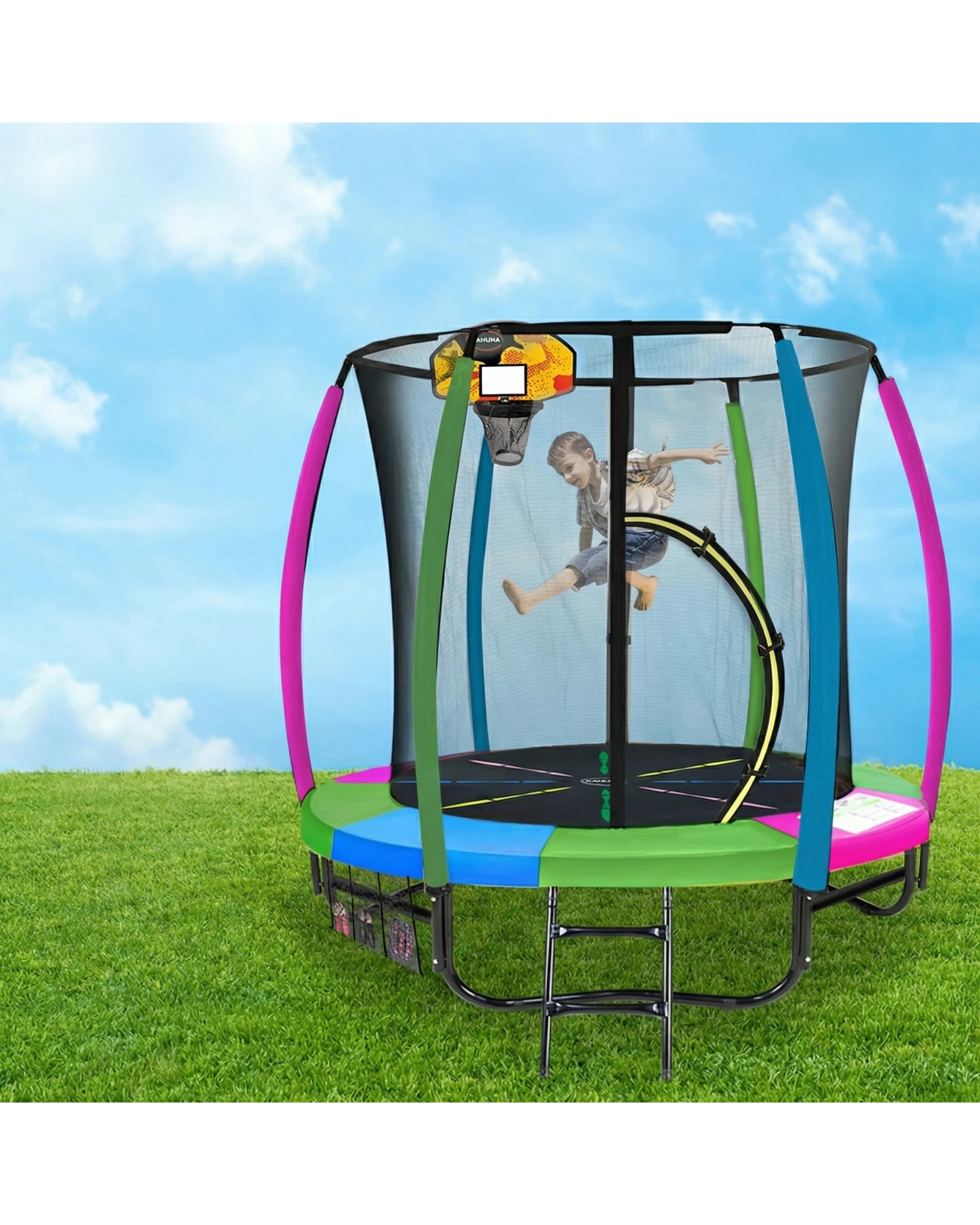 1 Kahuna Trampoline 6 ft with Basketball Set - Rainbow - Pattern, 1 of 9
