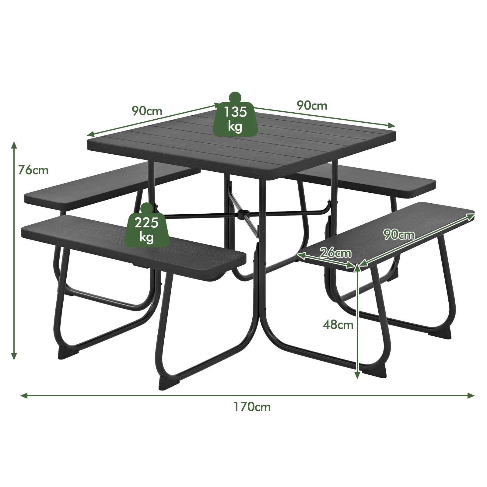 2 Costway 8-person Picnic Dining Table Outdoor Bar Bench Set All Weather w/Umbrella Hole - Black, 2 of 2