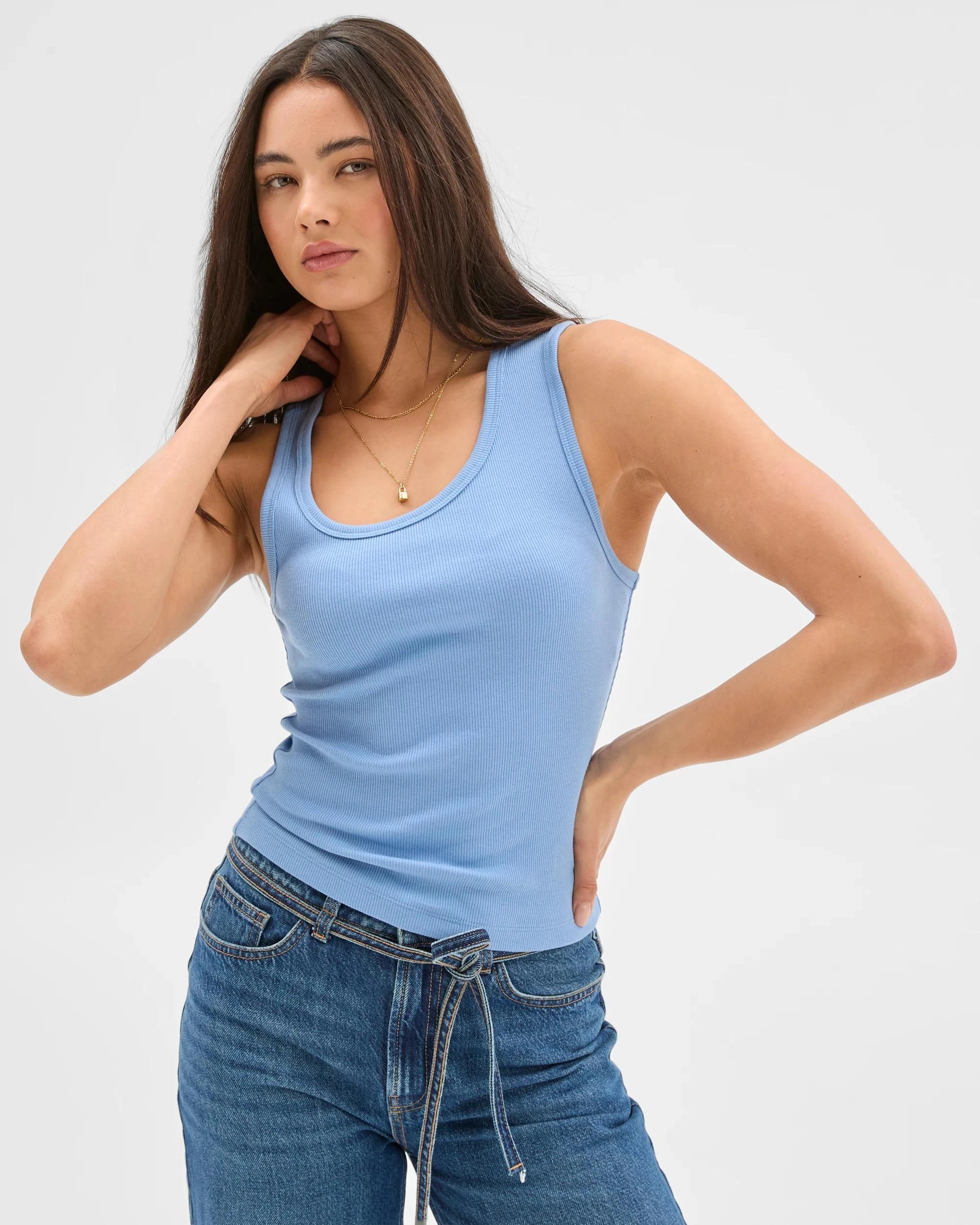 2 Australian Cotton Asymmetrical Neck Tank Top - Lily Loves CORNFLOWER, 2 of 6