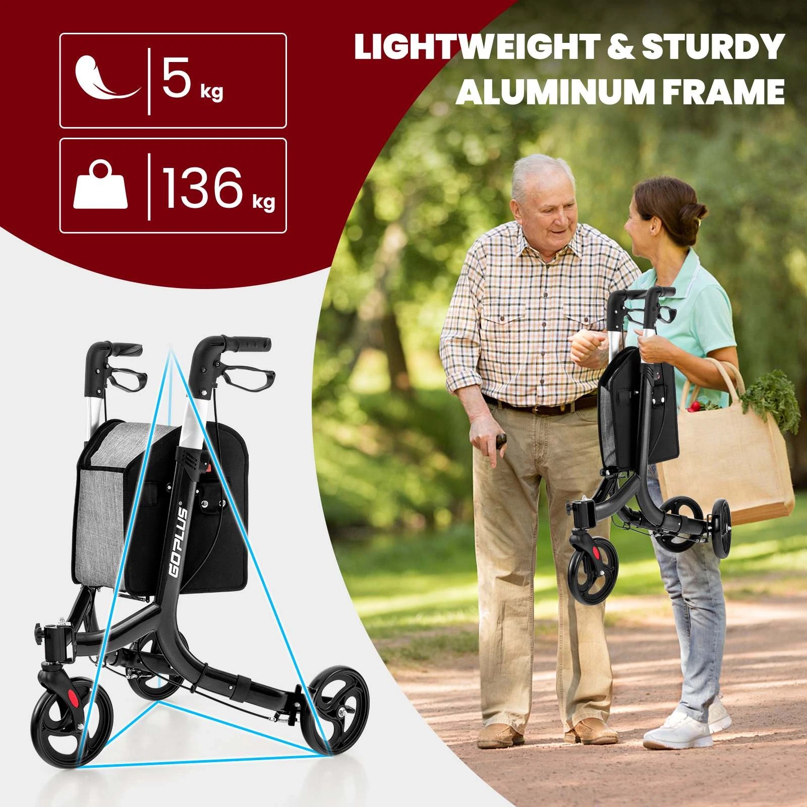 3 Costway Foldable Rollator Aluminum Adjustable Mobility Walker w/ Storage Bag, 3 of 10