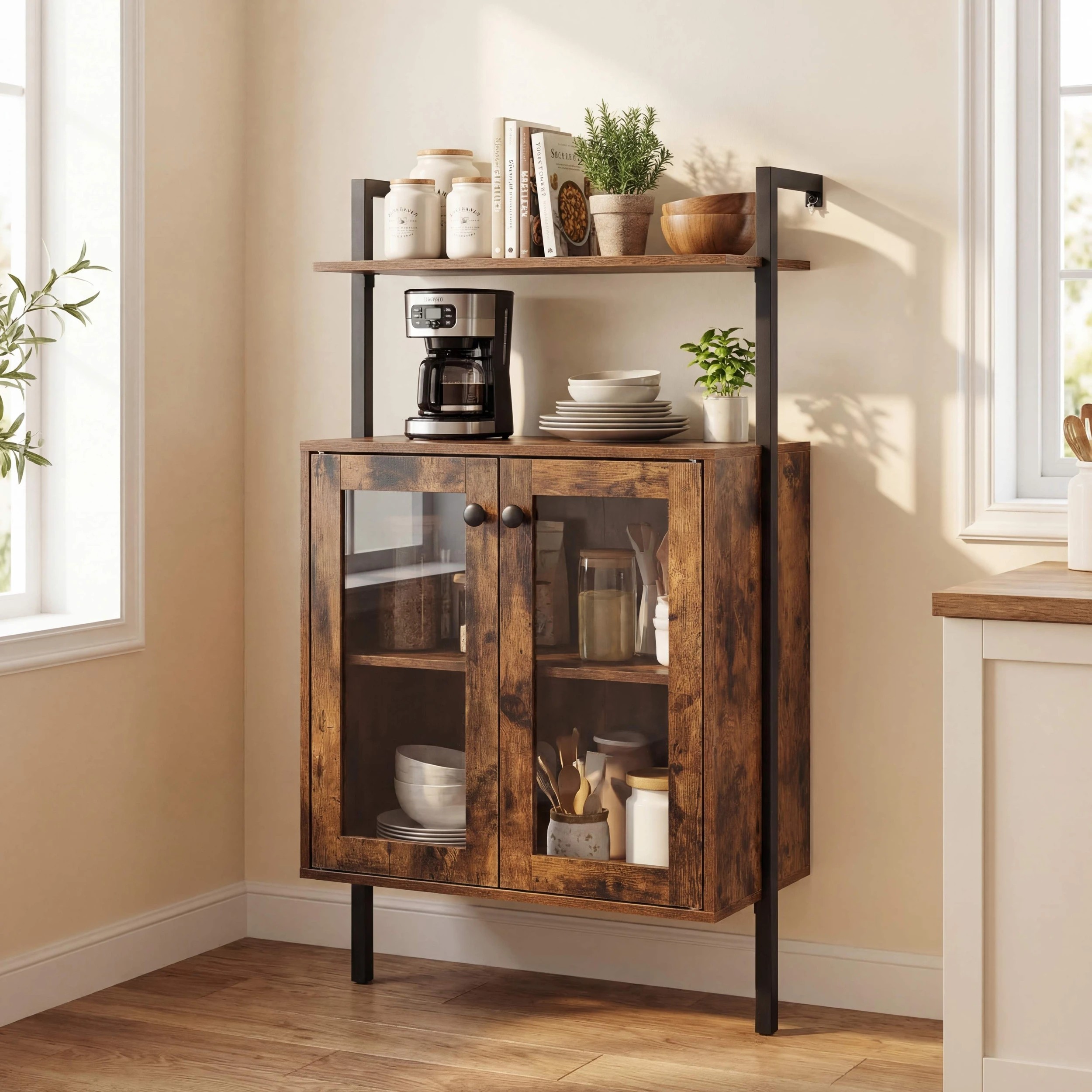 2 Costway Wall Mount Bookcase 4-Tier Bookshelf Double-Door Cabinet Metal Display Storage Shelf - Brown, 2 of 4
