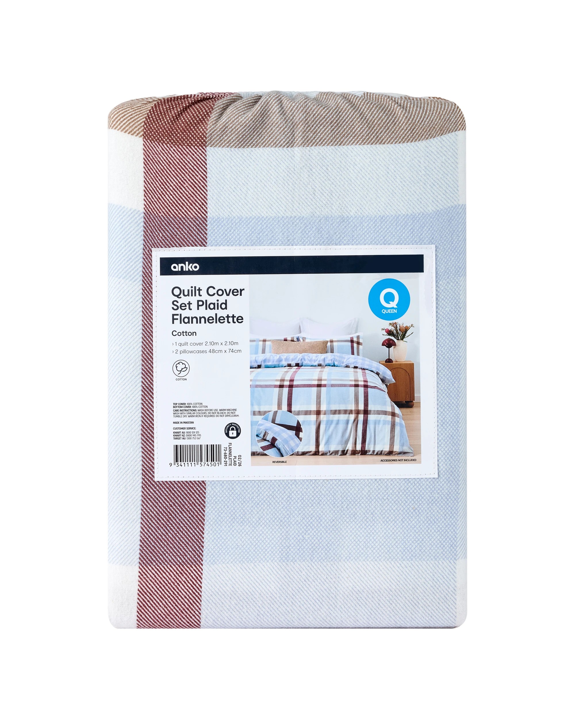 8 Plaid Flannelette Cotton Reversible Quilt Cover Set - Queen Bed, 8 of 8