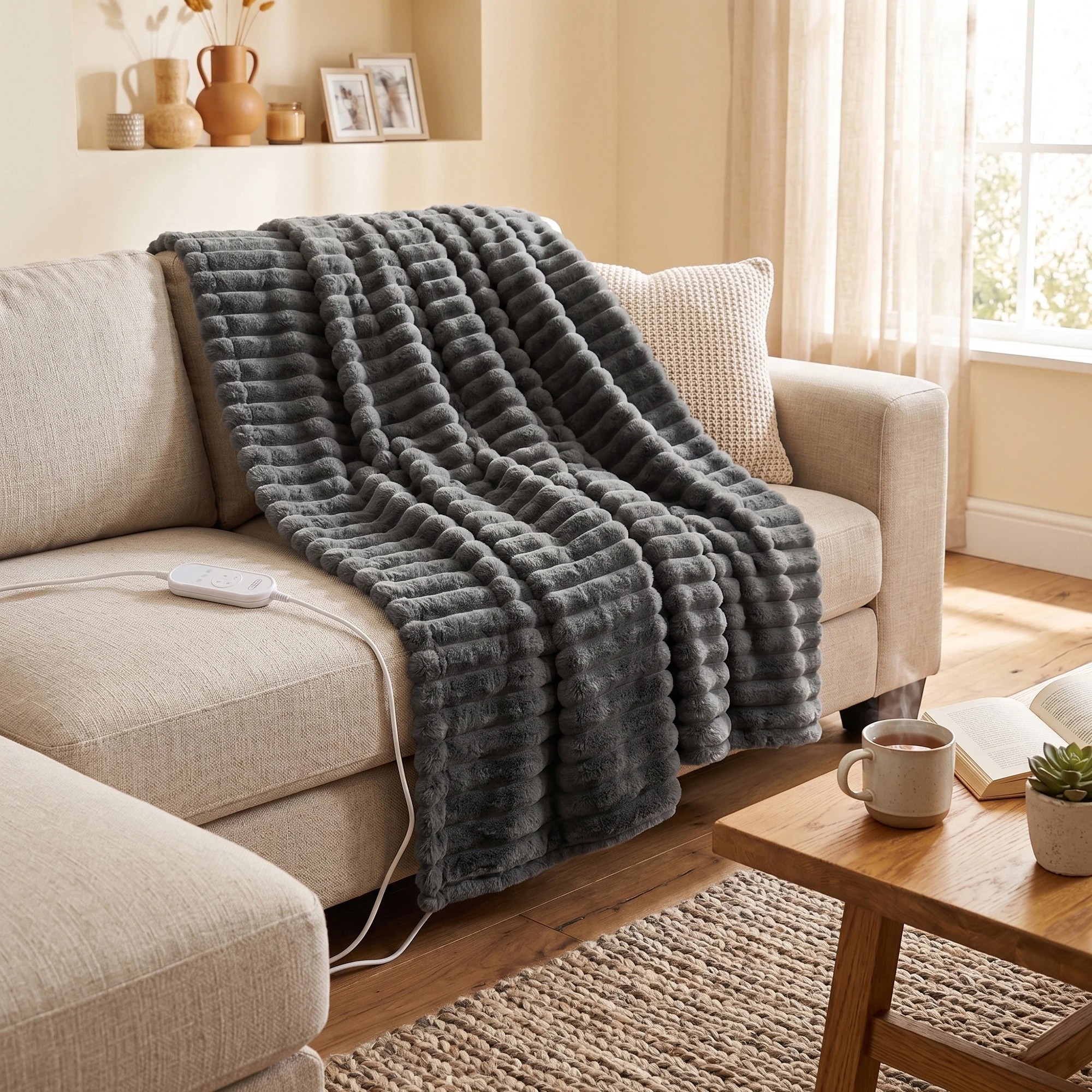 3 Royal Comfort Thermolux Heated Stripe Faux Fleece Throw - Grey, 3 of 7