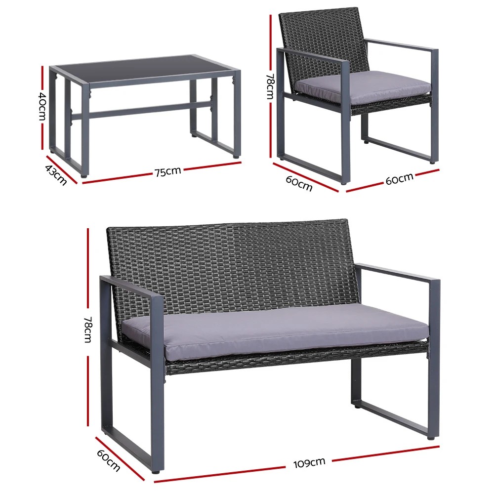 2 Gardeon 4 PCS Outdoor Sofa Set Rattan Furniture Glass Top Table Chairs - Black, 2 of 6