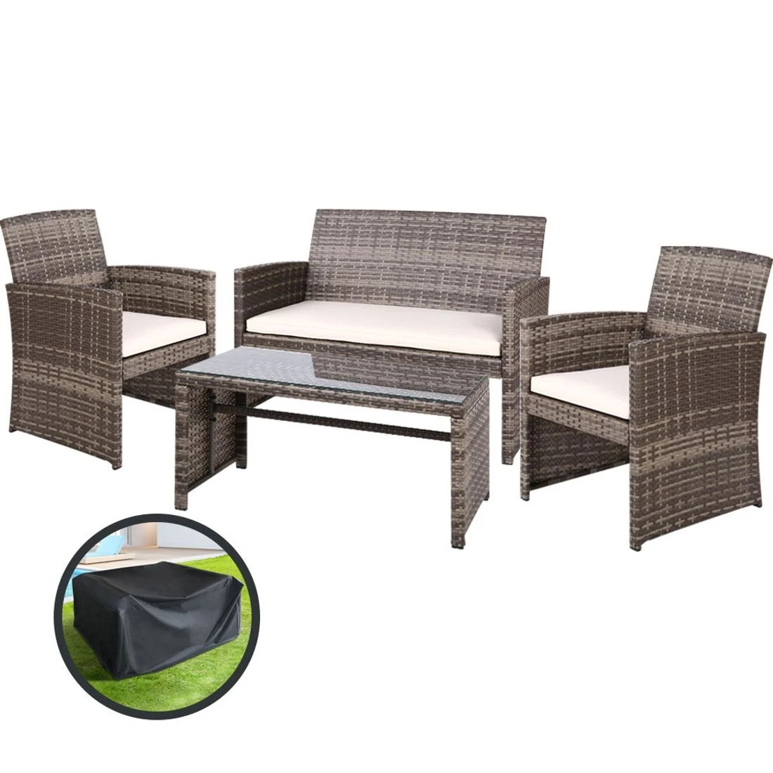 1 Gardeon 4 PCS Outdoor Sofa Set with Storage Cover Rattan Chair Furniture - Grey, 1 of 7