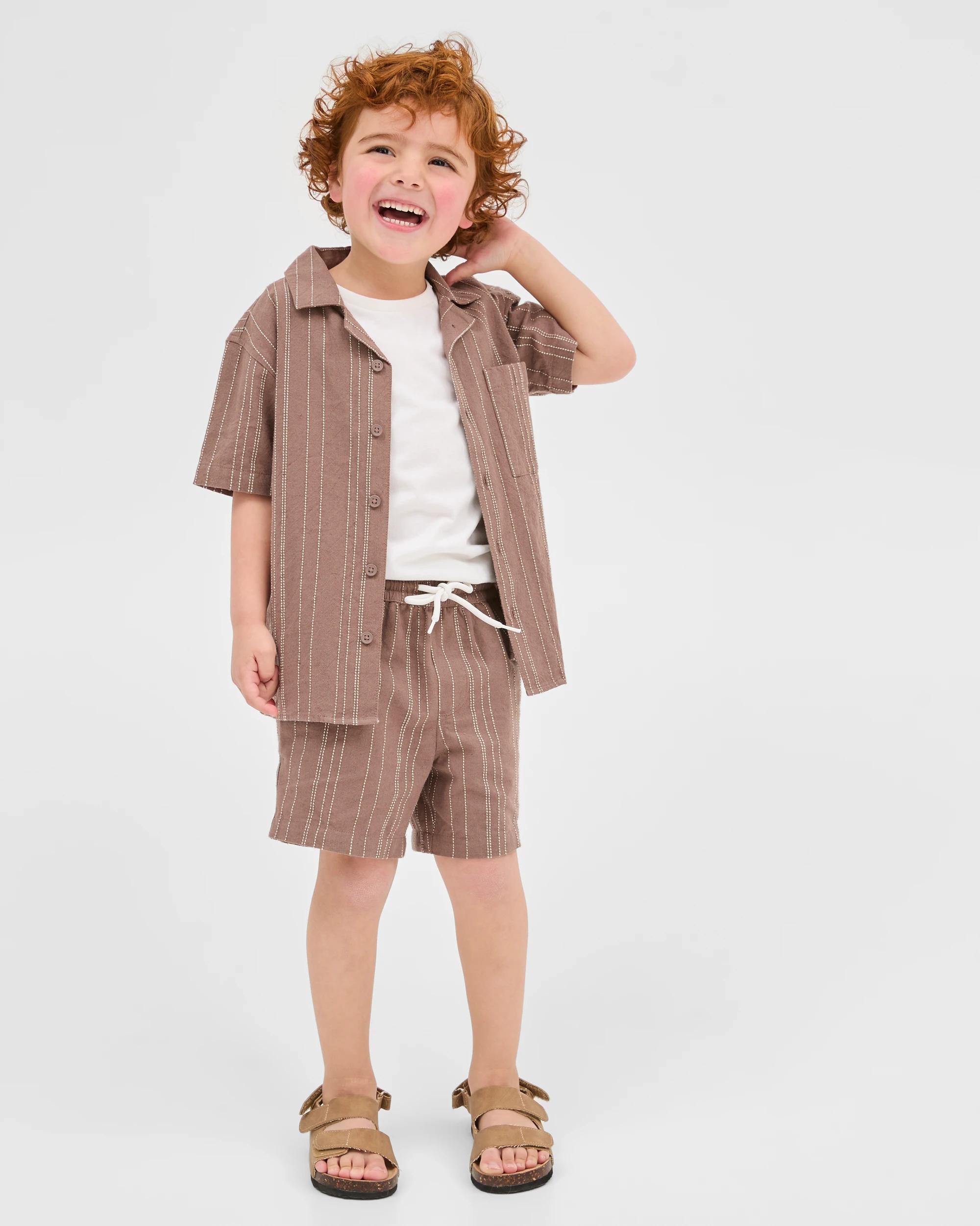 1 Target Cotton Linen Blend Textured Stripe Volley Shorts BROWN/CREAM STRIPE, 1 of 5