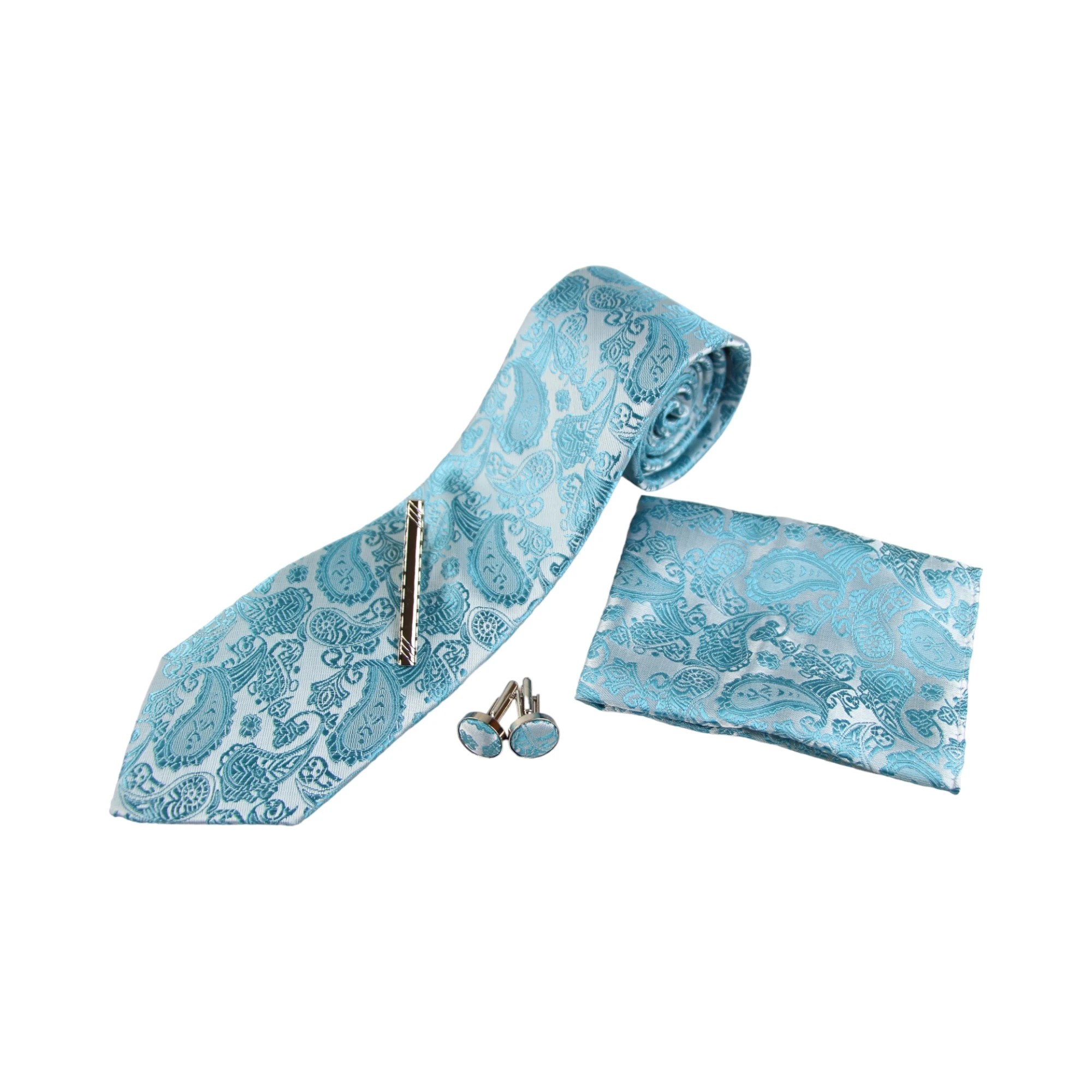 3 Zasel Mens Turquoise & Silver Boho Paisley Matching Neck Tie, Pocket Square, Cuff Links And Tie Clip Set - Multi, 3 of 3