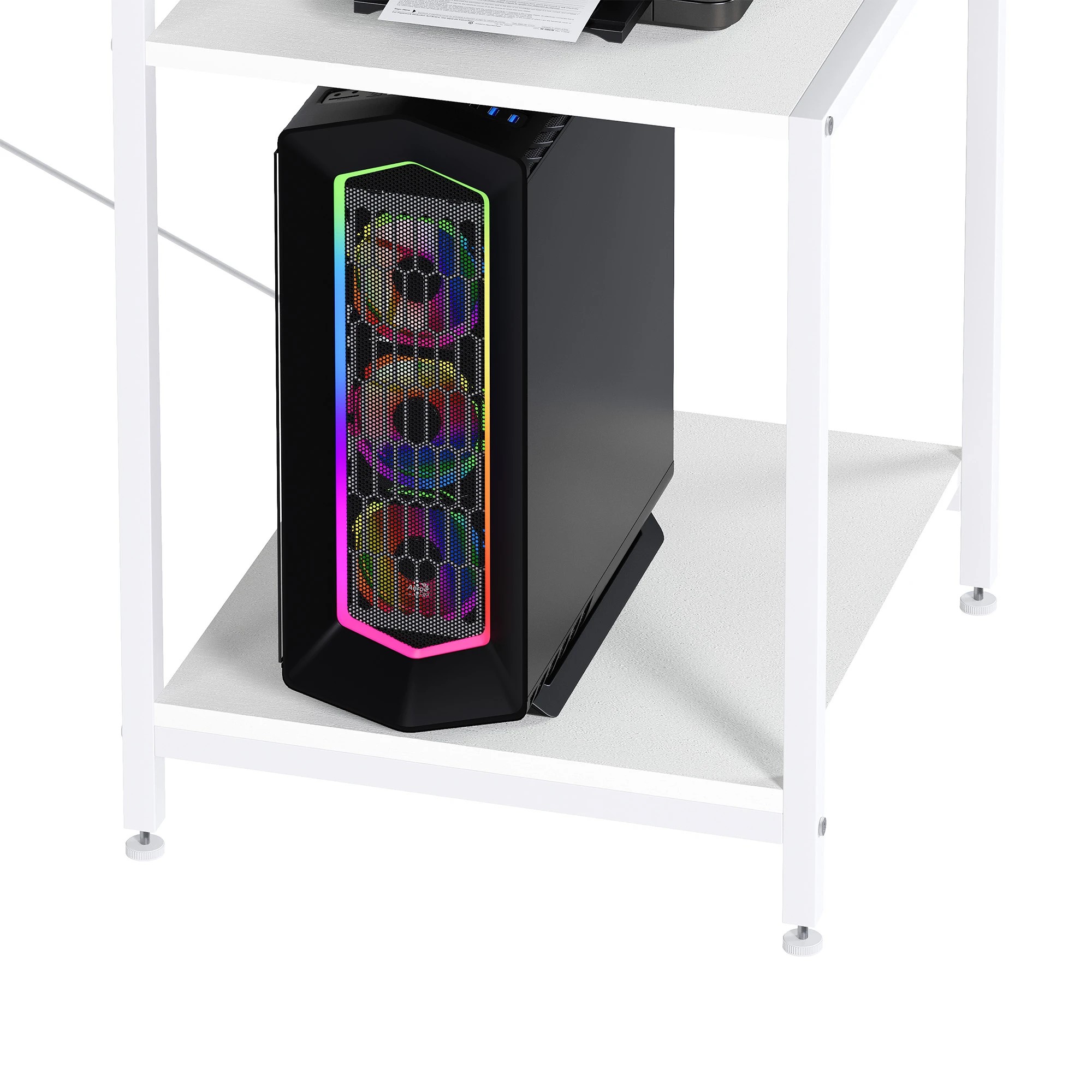 8 Advwin 120cm Gaming Desk With Led Lights Power Outlets Reversible Printer Storage Shelf Computer Desk White, 8 of 10