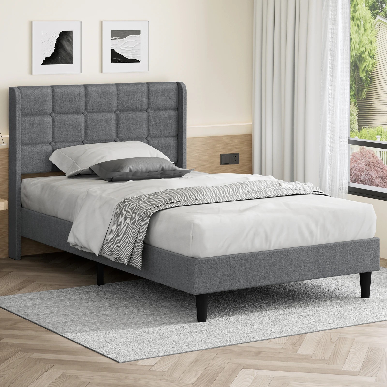 2 Alfordson Bed Frame Single Size Upholstered Wingback Base Fabric Sarah - Grey, 2 of 10