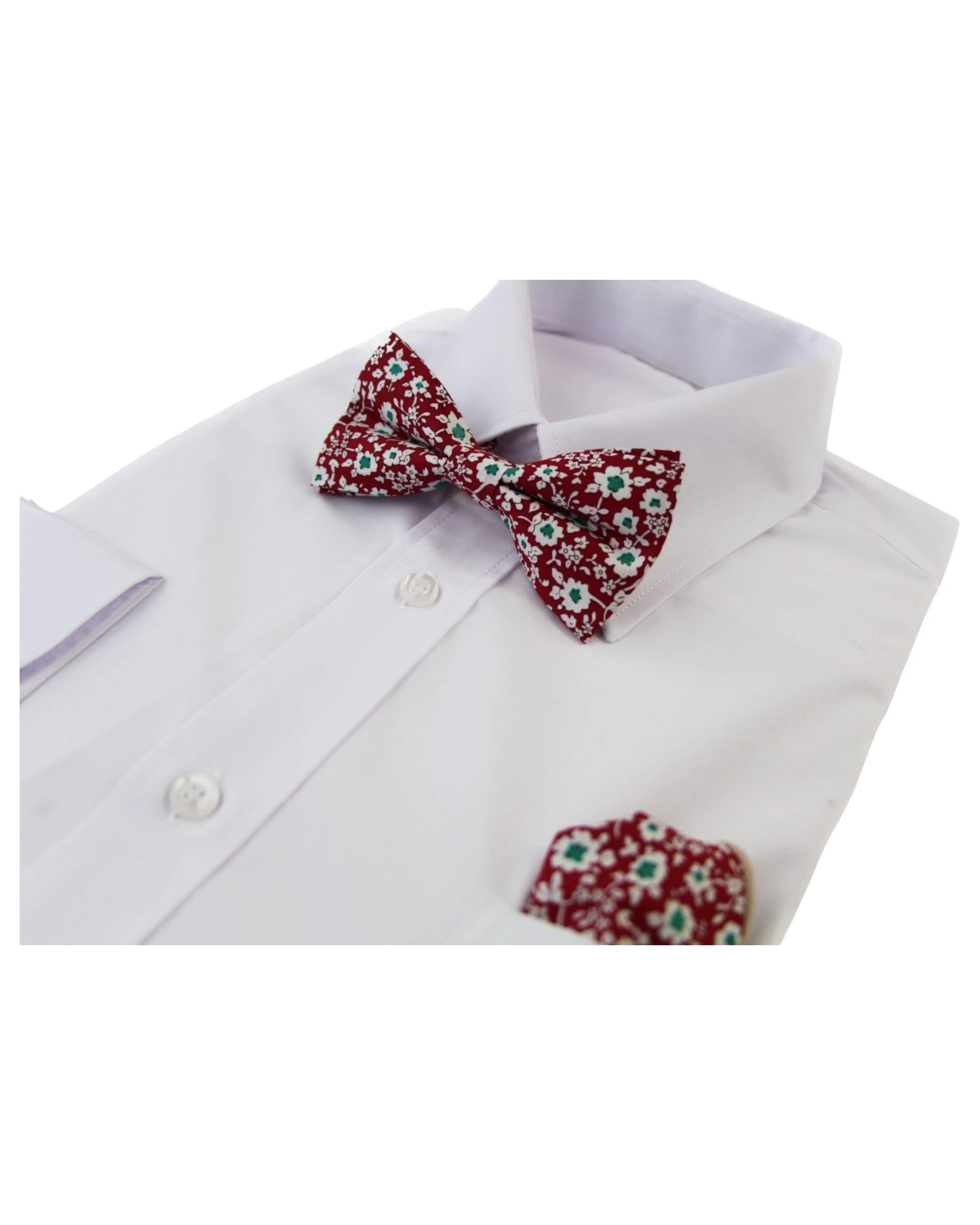 4 Zasel Mens Red With White & Green Flowers Cotton Bow Tie & Pocket Square Set - Multi - Multi, 4 of 5