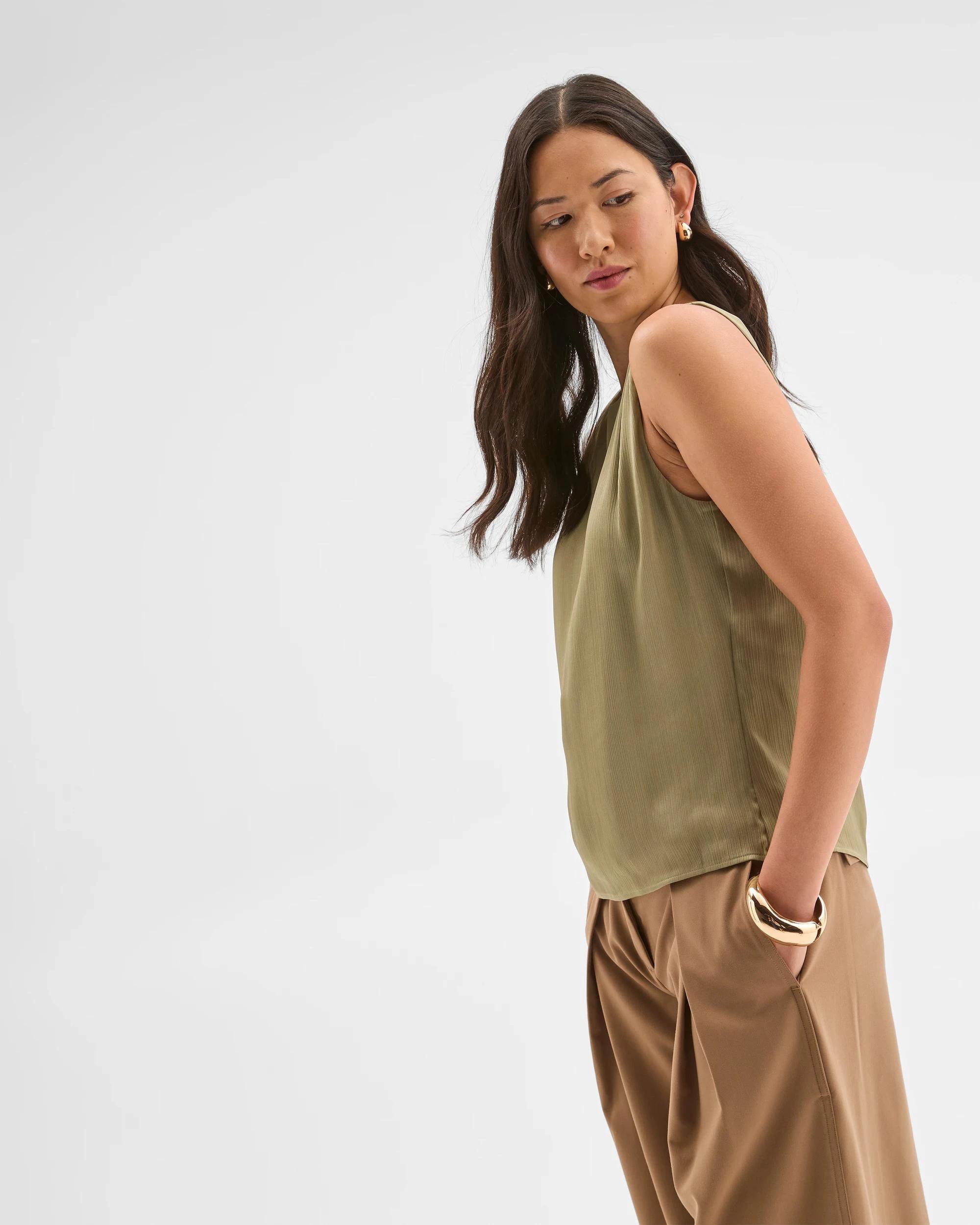 6 Preview Sleeveless Shoulder Pleat Detail Blouse MOSS, 6 of 8
