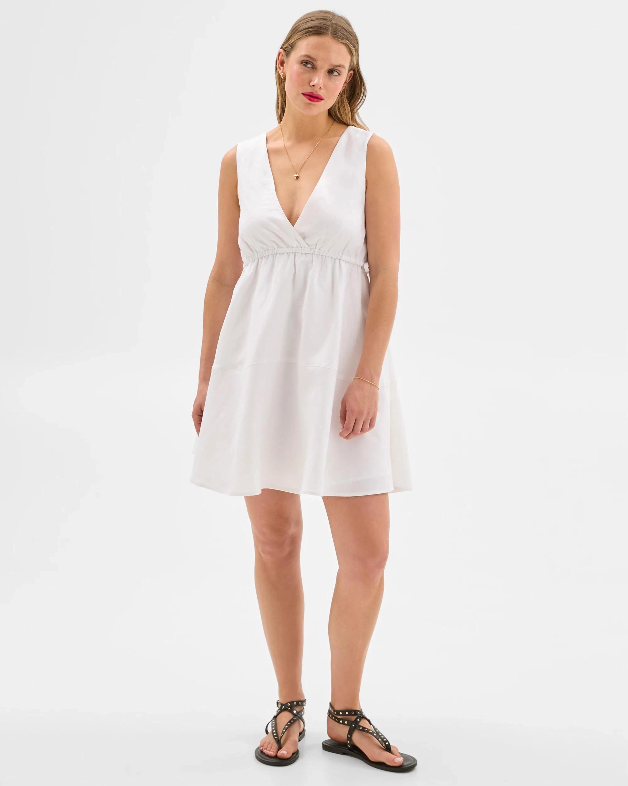 3 European Linen Blend Cinched Waist Mini Dress - Lily Loves IVORY, 3 of 5