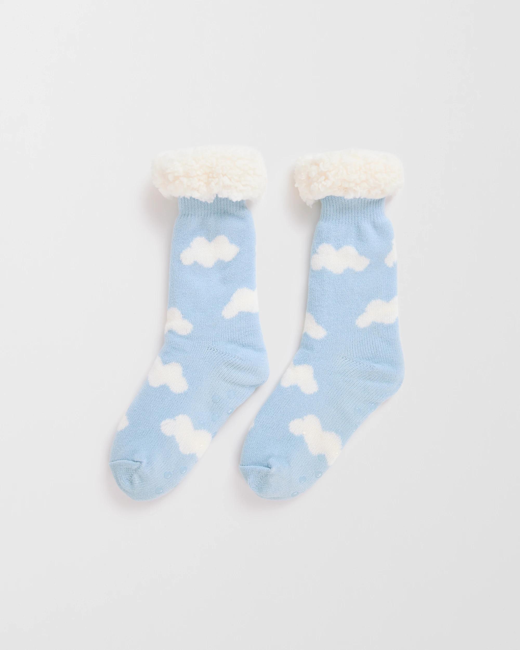 1 Target Woman Sherpa Lined Crew Length Home Socks BLUE CLOUDS, 1 of 4