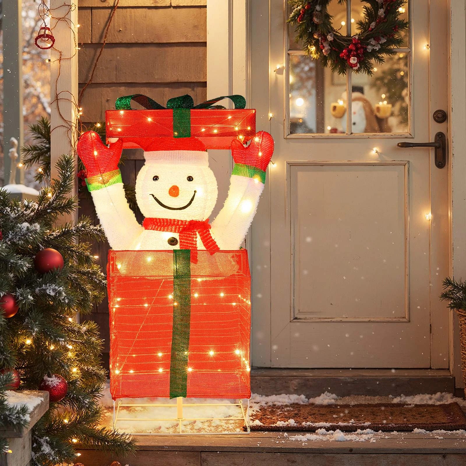 2 Costway 3D Pop up Snowman Pre-Lit Xmas Holiday Decoration Lighted Snowman Gift Box, 2 of 3