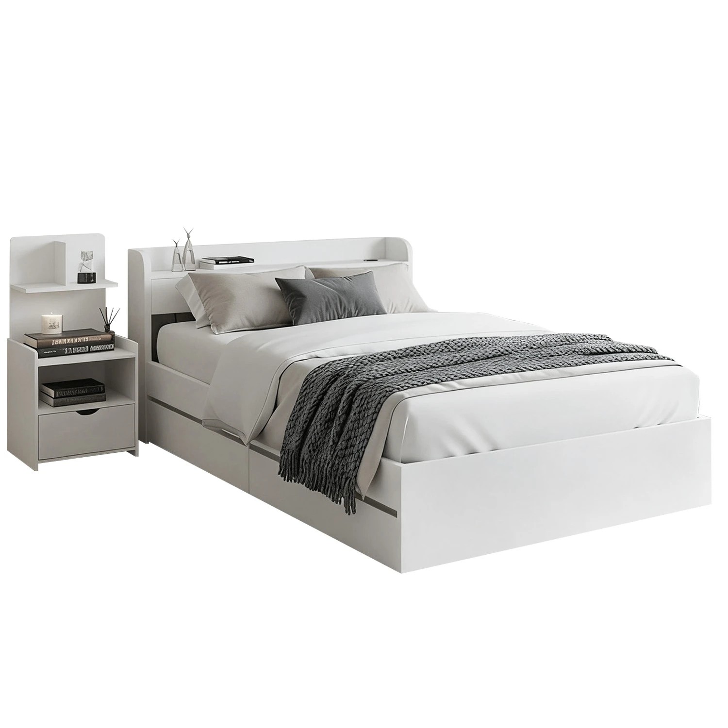 1 Artiss Single Bed Frame  with Charging Ports and Bedside Table - White, 1 of 10