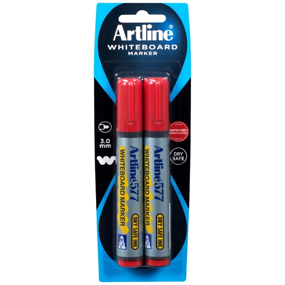 1 Artline 577 Whiteboard Markers Bullet Red 2 Pack, 1 of 3