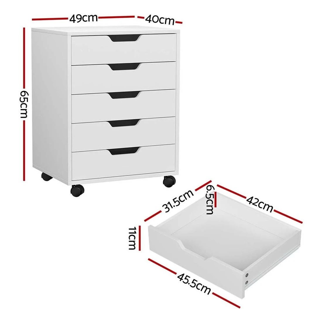 4 Artiss 5-Drawer Filing Cabinet Mobile Rolling Storage Cabinet Chest of Drawers Stand - White, 4 of 8