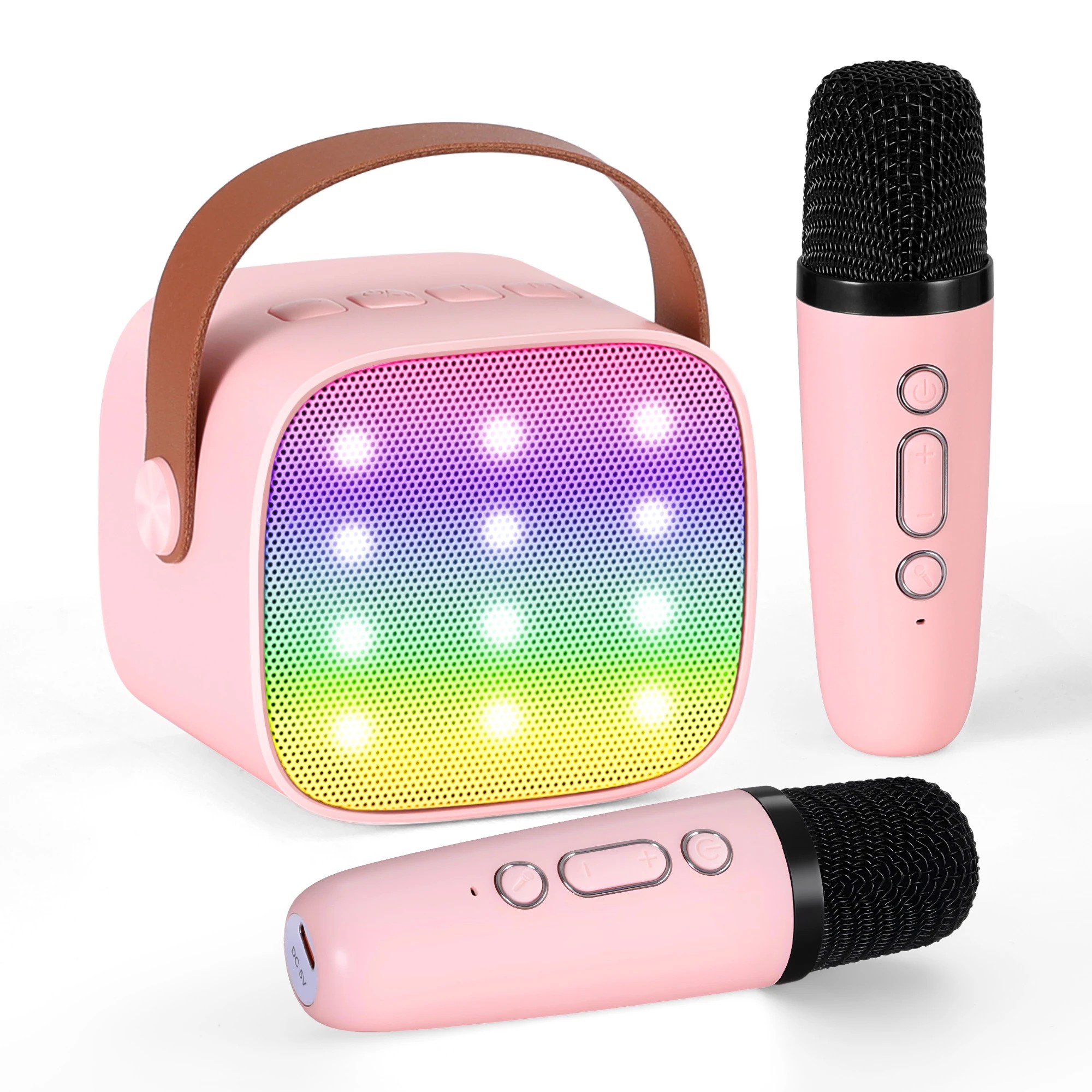 1 Alpha Mini Portable Karaoke Machine for Adults Kids with 2 Wireless Microphones - Pink, 1 of 3
