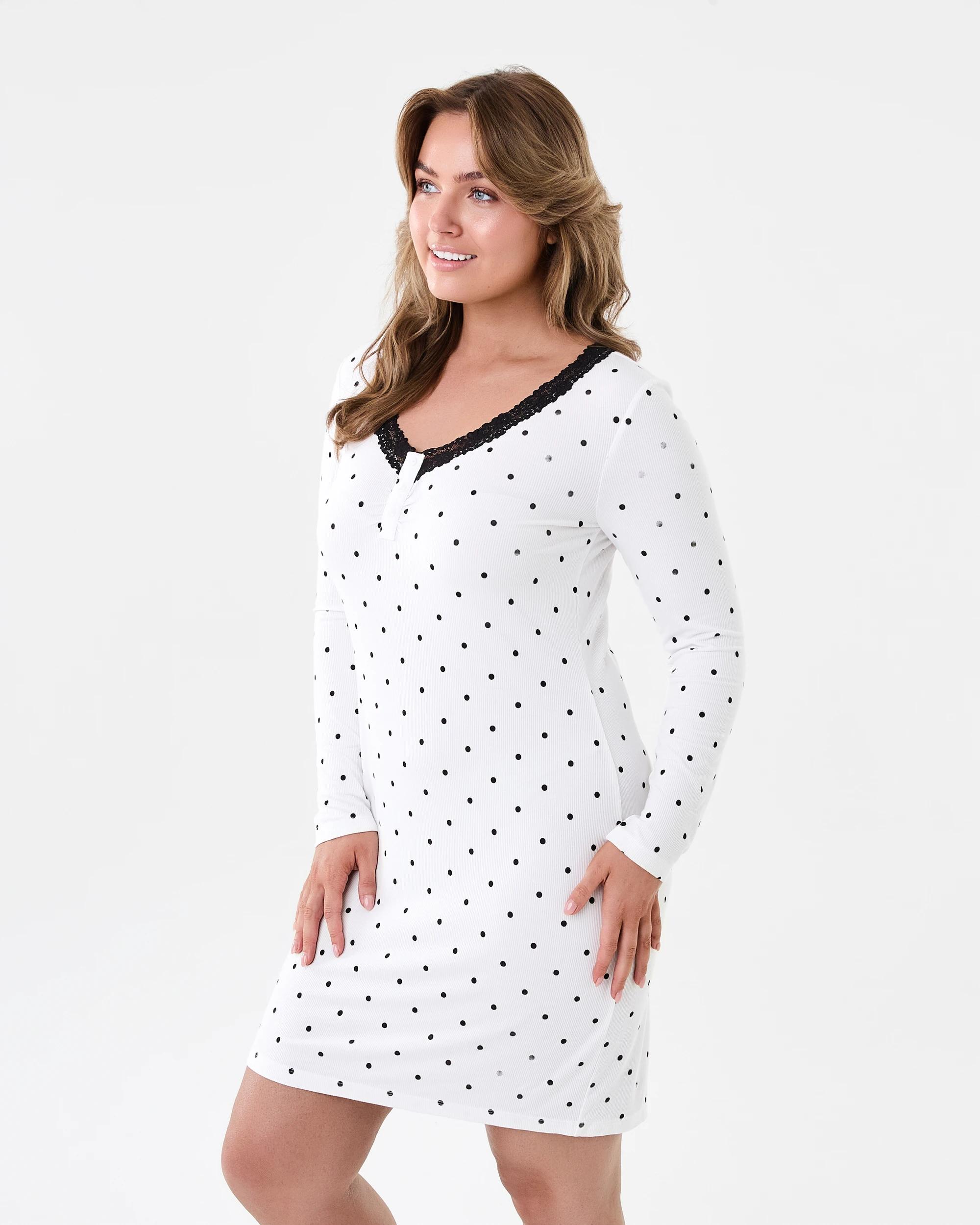 2 Long Sleeve Lace Trim Nightie Dots White, 2 of 7