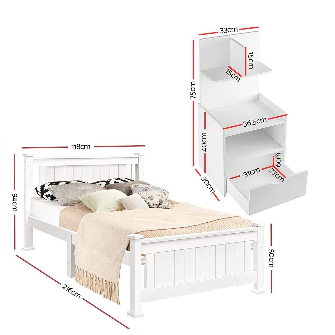4 Artiss King Single Bed Frame and Bedside Table - White, 4 of 8