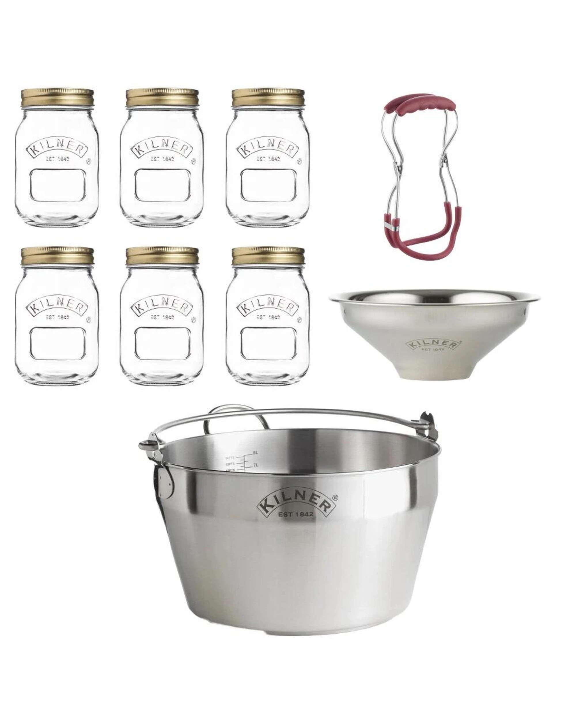 1 Kilner Preserving Set  Jar Tongs  Funnel  Jam Pan  6 x Preserve Jars 500ml, 1 of 8