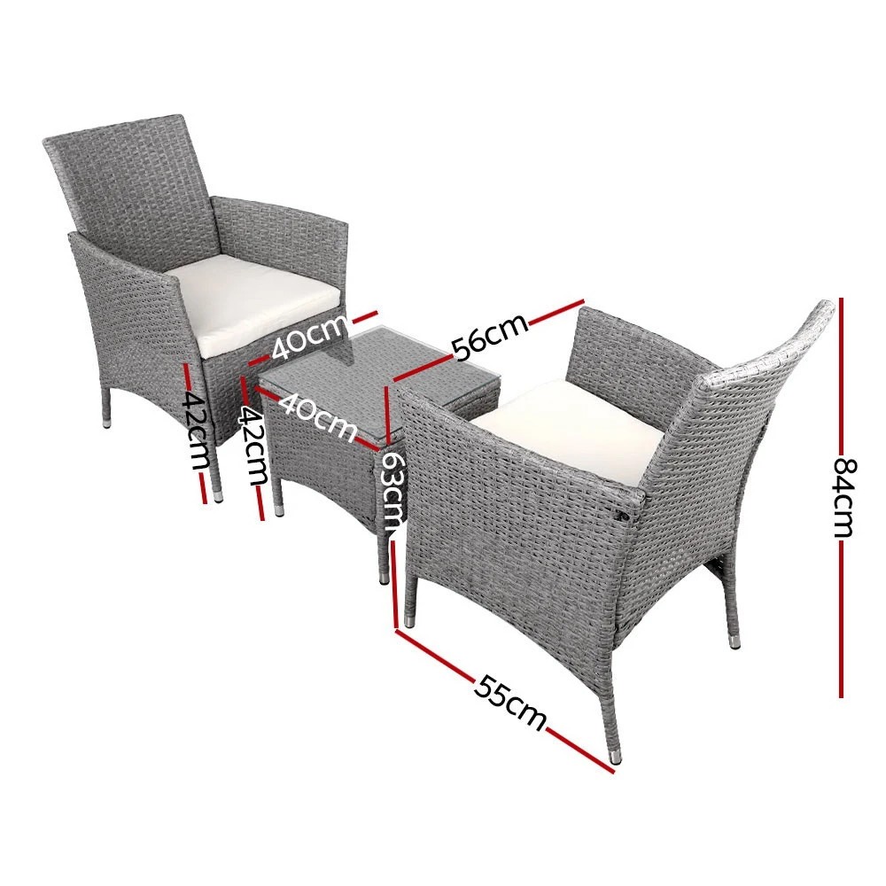 2 Gardeon 3PC Outdoor Bistro Set Patio Furniture Wicker Setting Chairs Table Cushion - Grey, 2 of 9