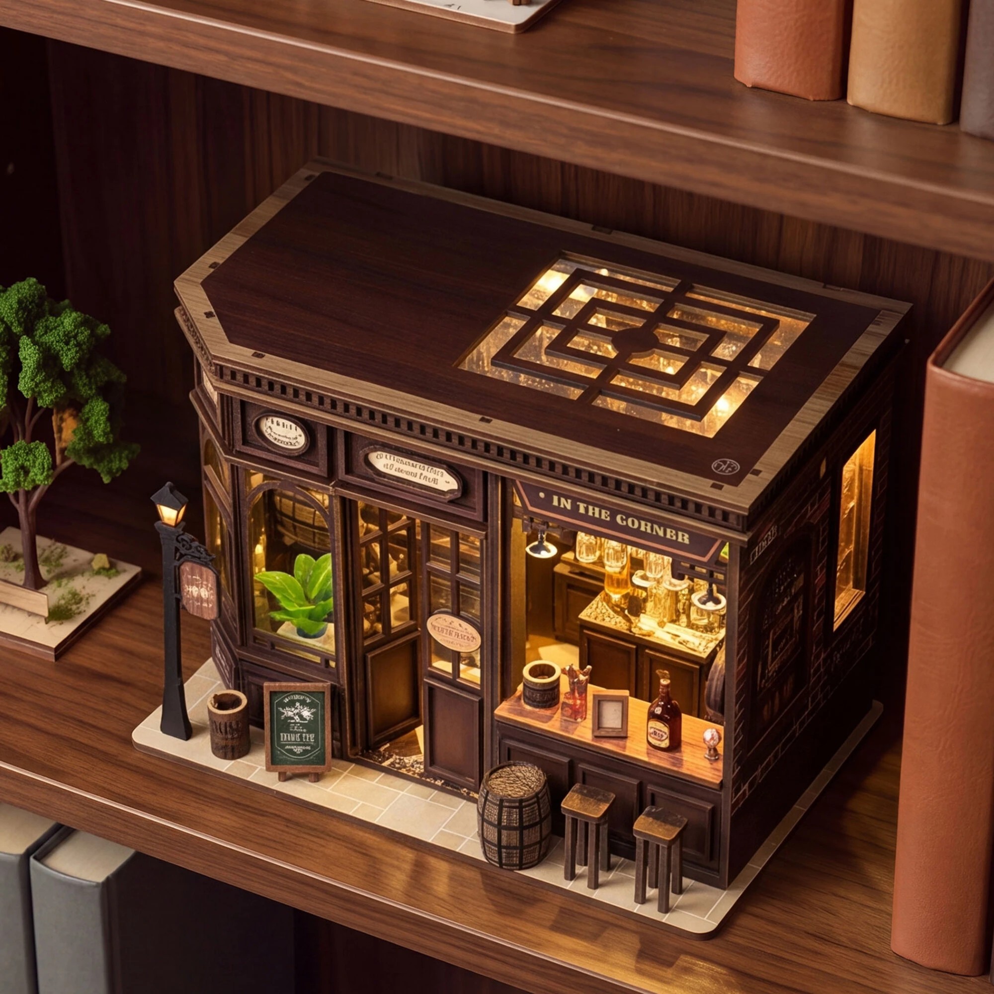 8 BoPeep Book Nook Kit Vintage Tavern with Warm LED Light for Shelf Decor Walnut, 8 of 8