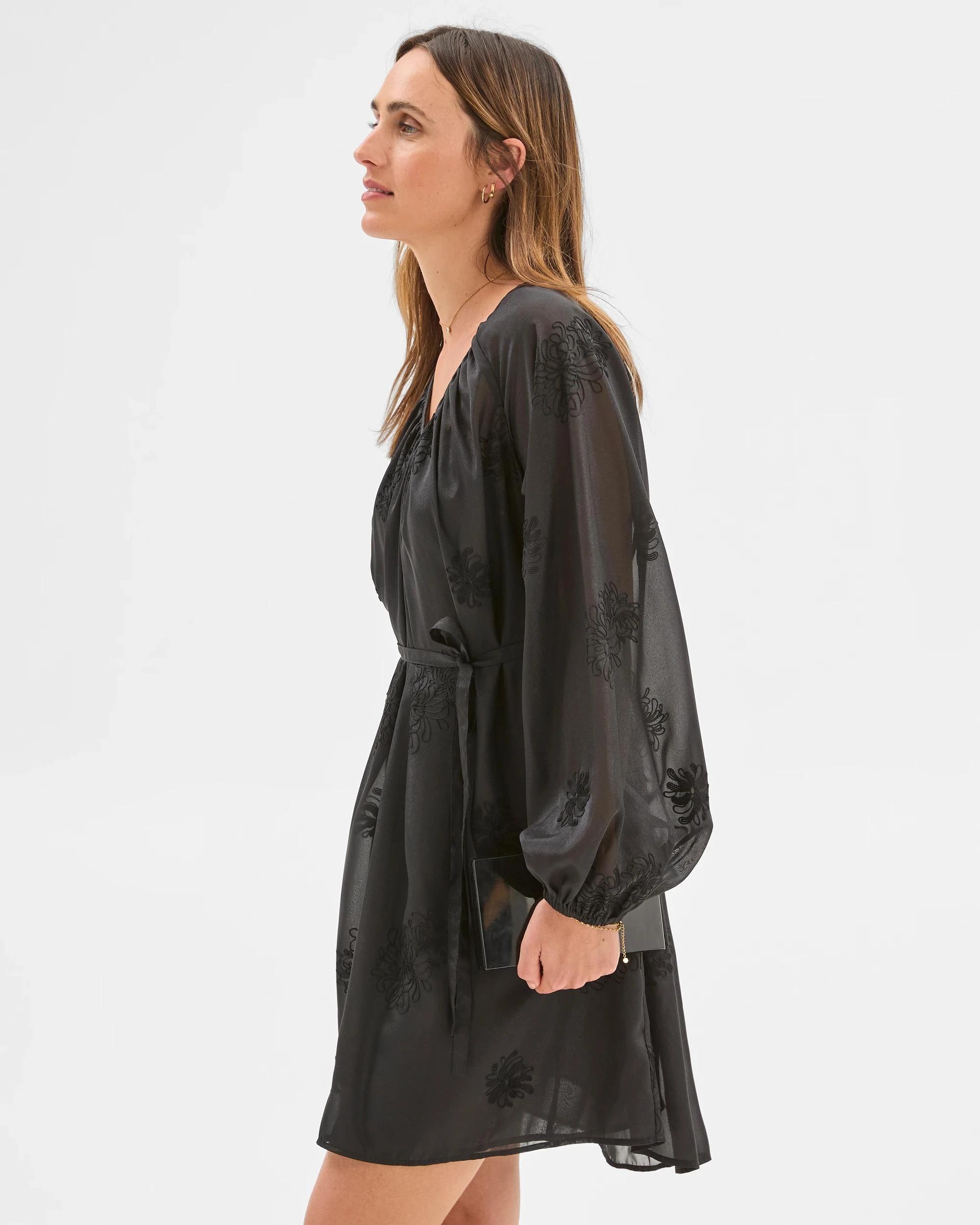 2 Preview Long Sleeve Embroidered Detail Mini Dress BLACK, 2 of 6