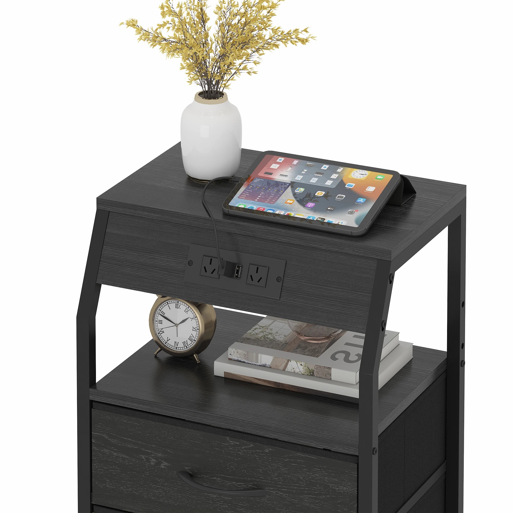 5 Advwin Bedside Table with Charging Station 3 Fabric Drawers Nightstand - Black, 5 of 10