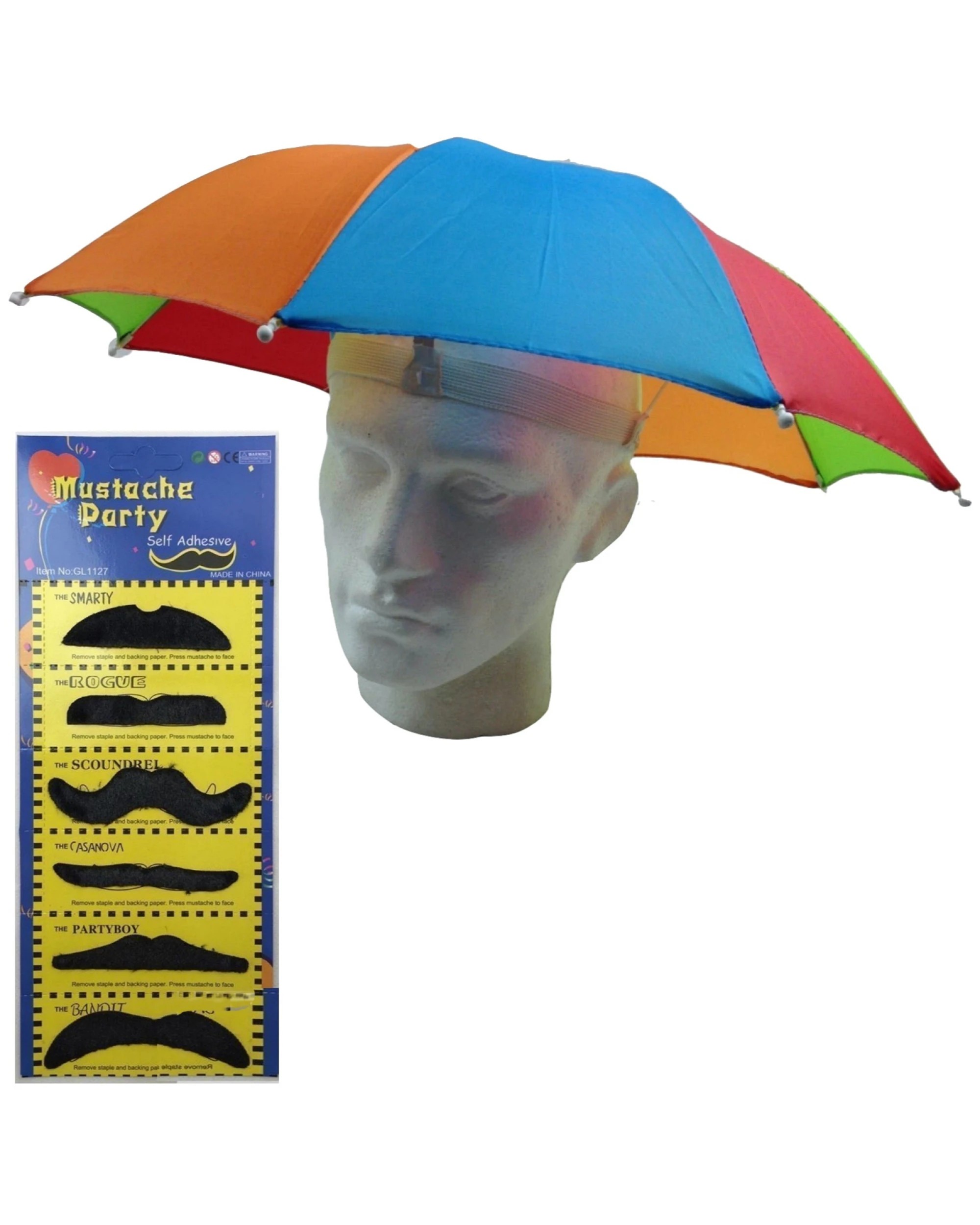 1 BR Costumes Rainbow Umbrella Hat Set with 70s Moustache Costume Props, 1 of 10