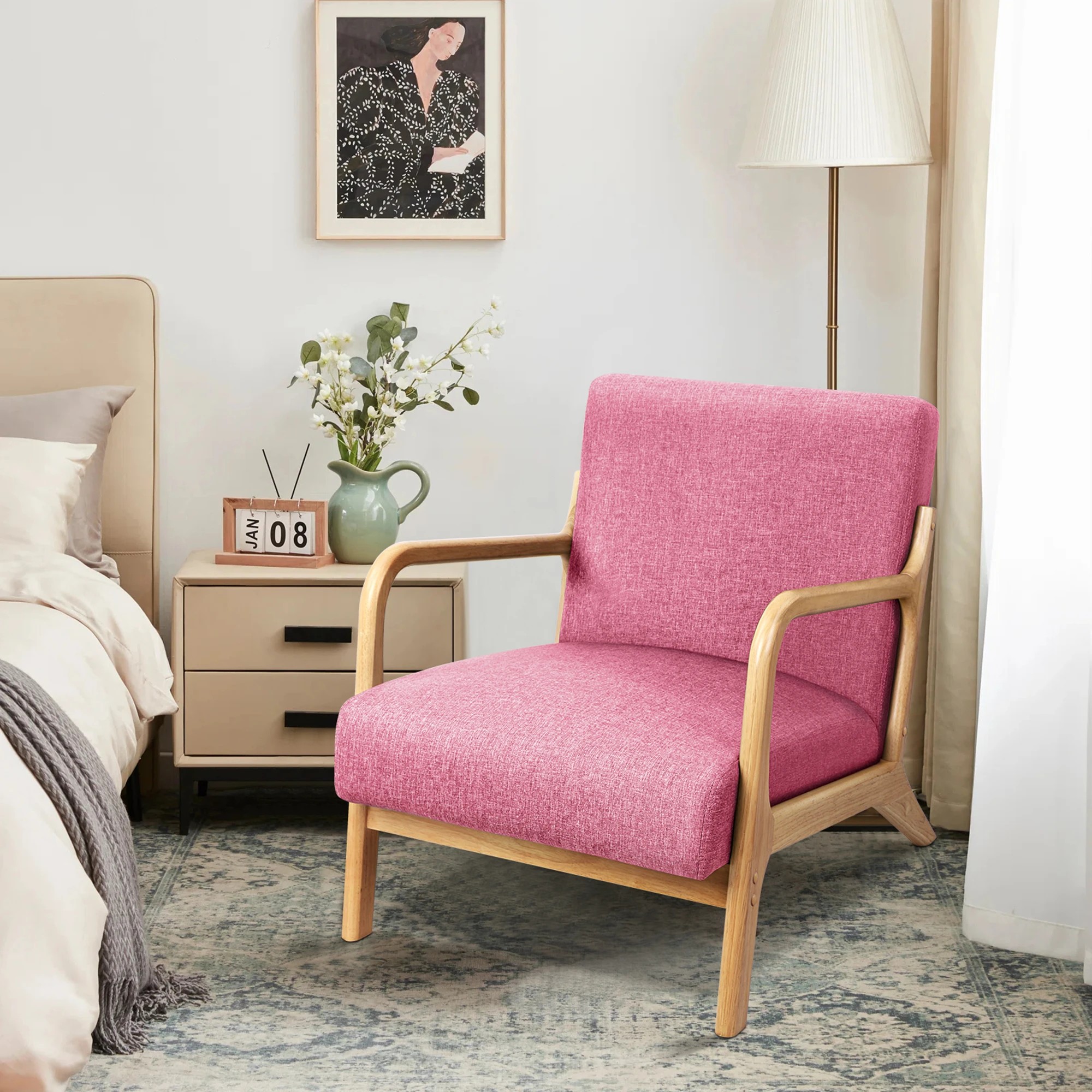 3 Alfordson Armchair Lounge Chair Fabric Accent Chairs Wooden Sofa Couch - Pink, 3 of 9