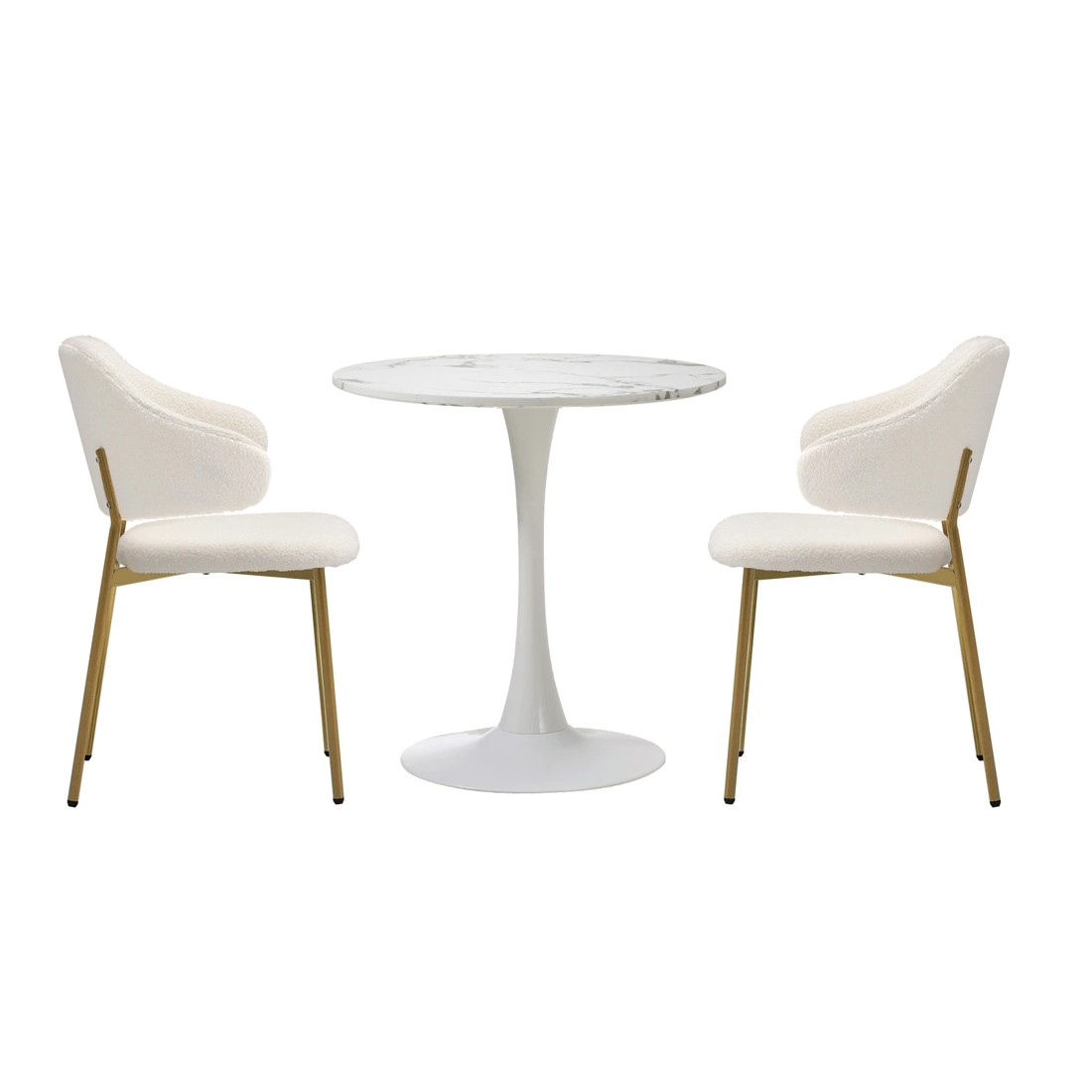 7 Oikiture 60cm Round Dining Table With 2x Sherpa Dining Chairs Gold Metal Leg
 - White, 7 of 10