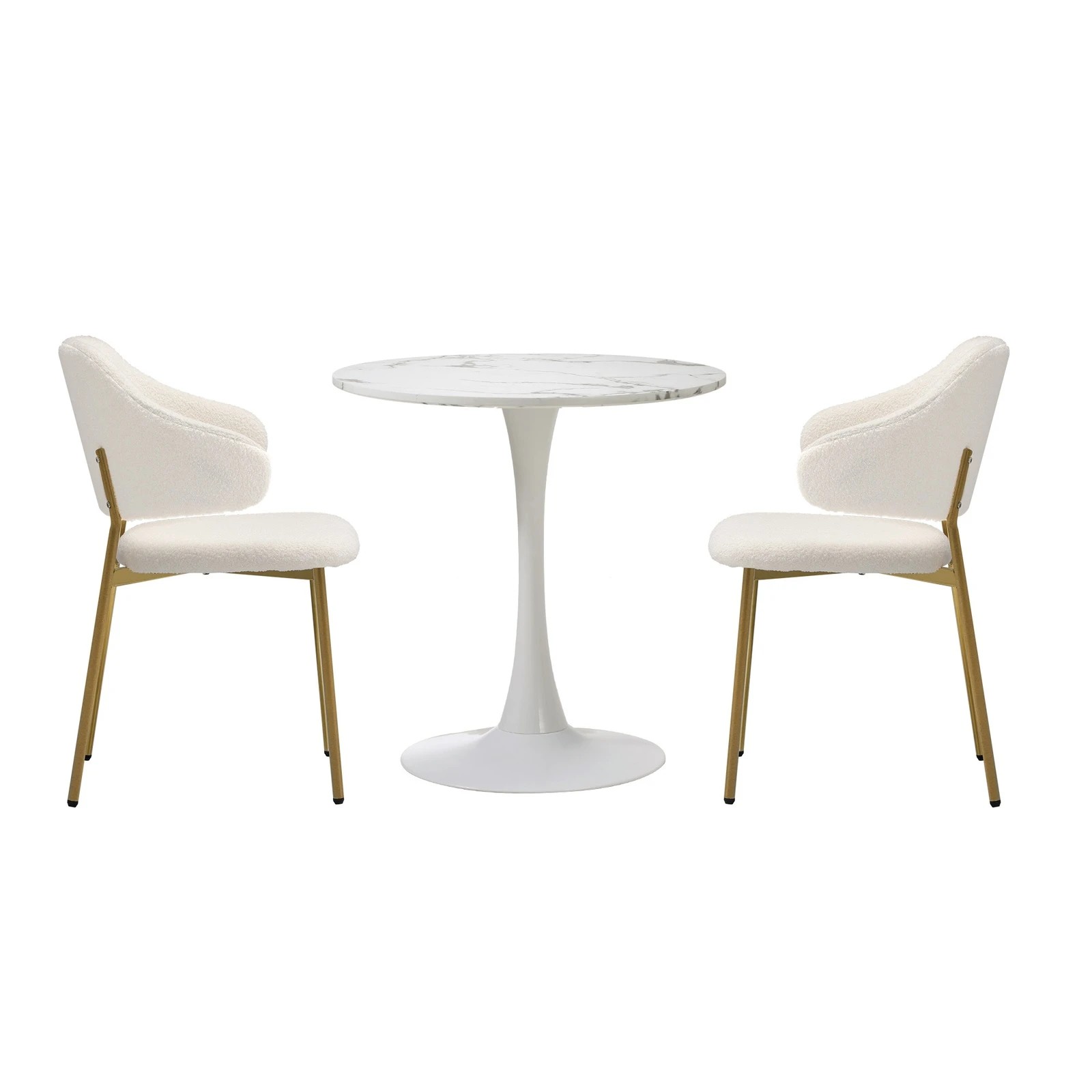 7 Oikiture 60cm Round Dining Table With 2x Sherpa Dining Chairs Gold Metal Leg
 - White, 7 of 10
