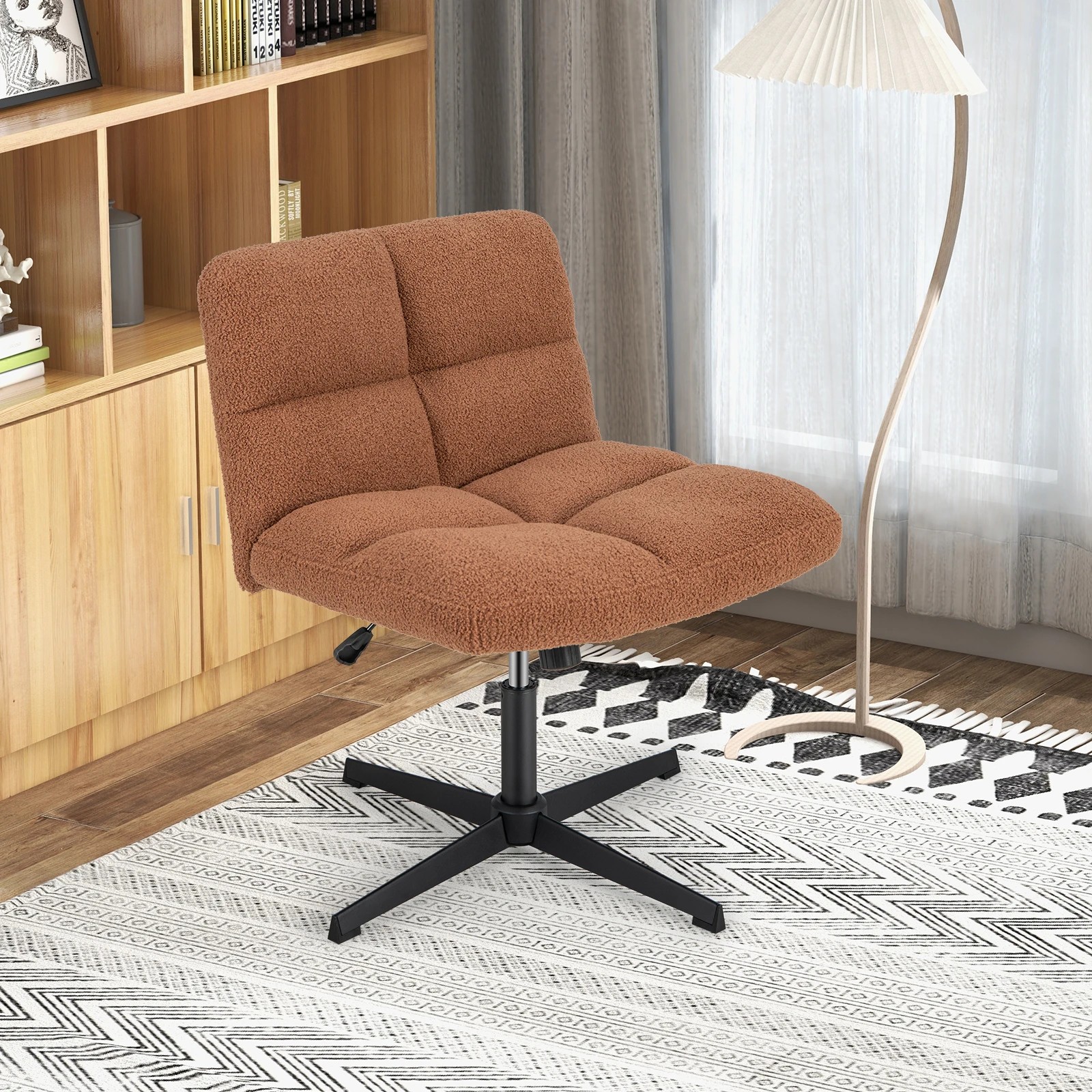 2 Costway Armless Office Desk Chair Modern Swivel Vanity Chair w/Imitation Lamb Fleece - Brown, 2 of 4