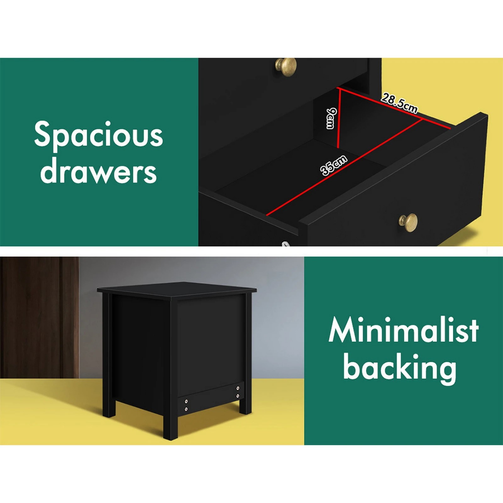 8 Alfordson Bedside Table Hamptons Nightstand Storage Side End 2 Drawers - Black, 8 of 10