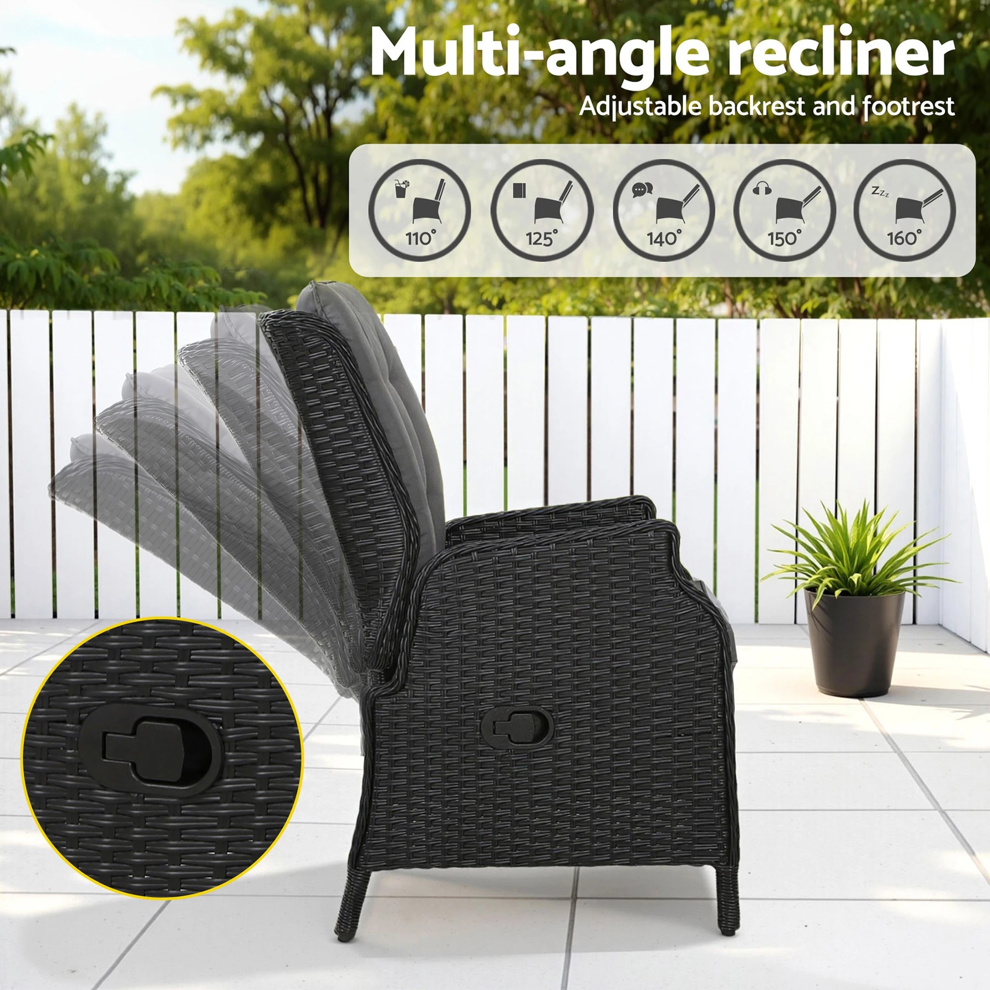 5 Gardeon Recliner Chair Sun lounge Wicker Lounger Outdoor Furniture Patio - Black, 5 of 9