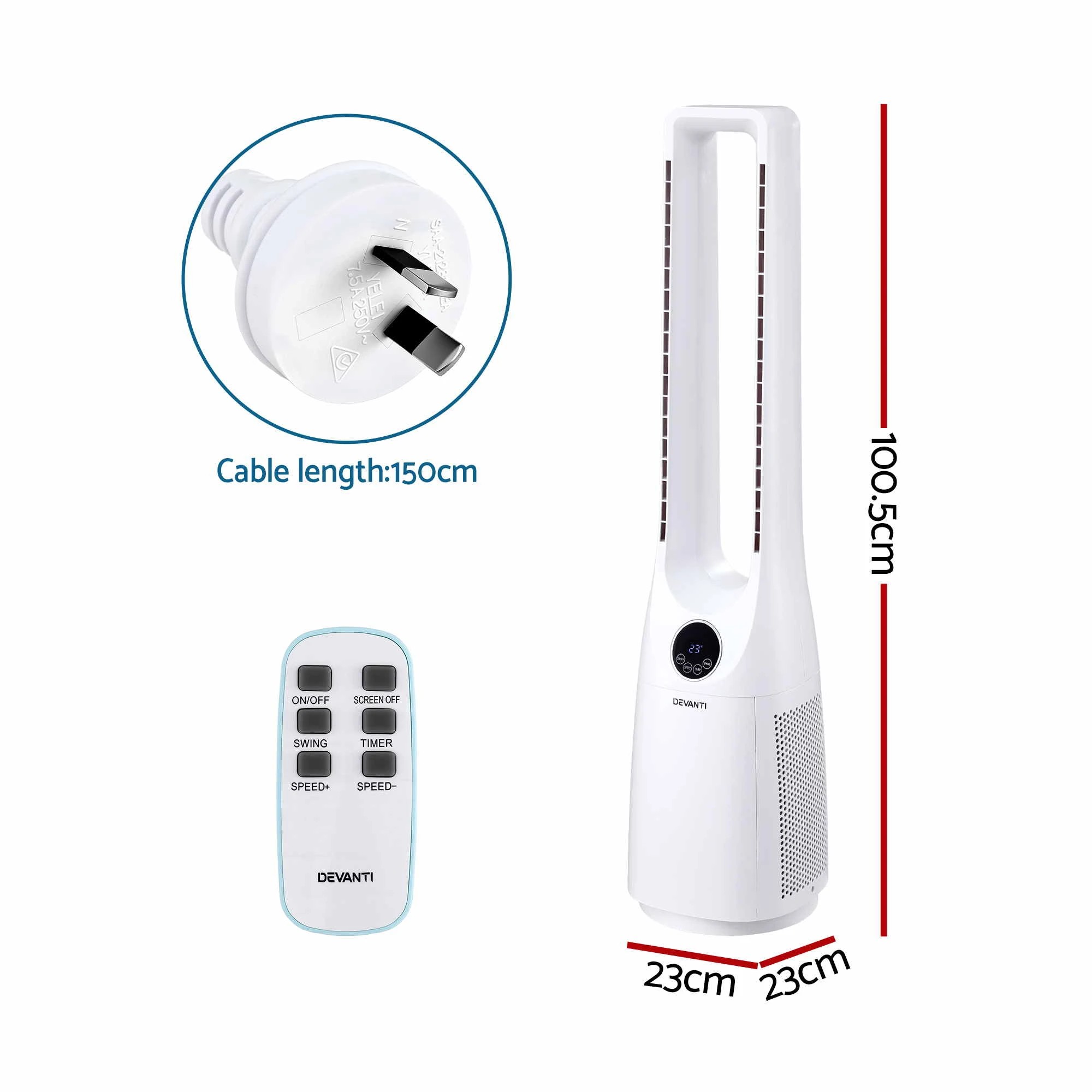 2 Devanti Bladeless Tower Fan 100cm 2-in-1 Cooling Airflow Purifying Remote - White, 2 of 9