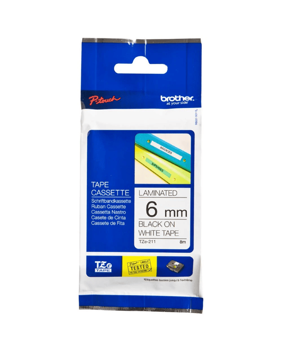 Brother TZe-211 Laminated Tape 6mm x 8m Black on White