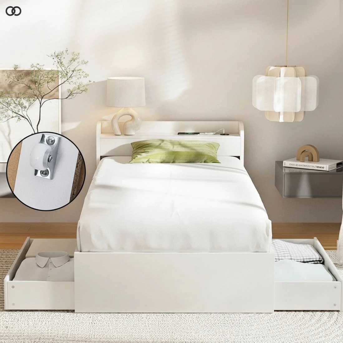 6 Artiss Bed Frame Single Size With Charging Ports And 2 Drawers Durable Space Saving Modern Decor Easy Assembly - White, 6 of 10