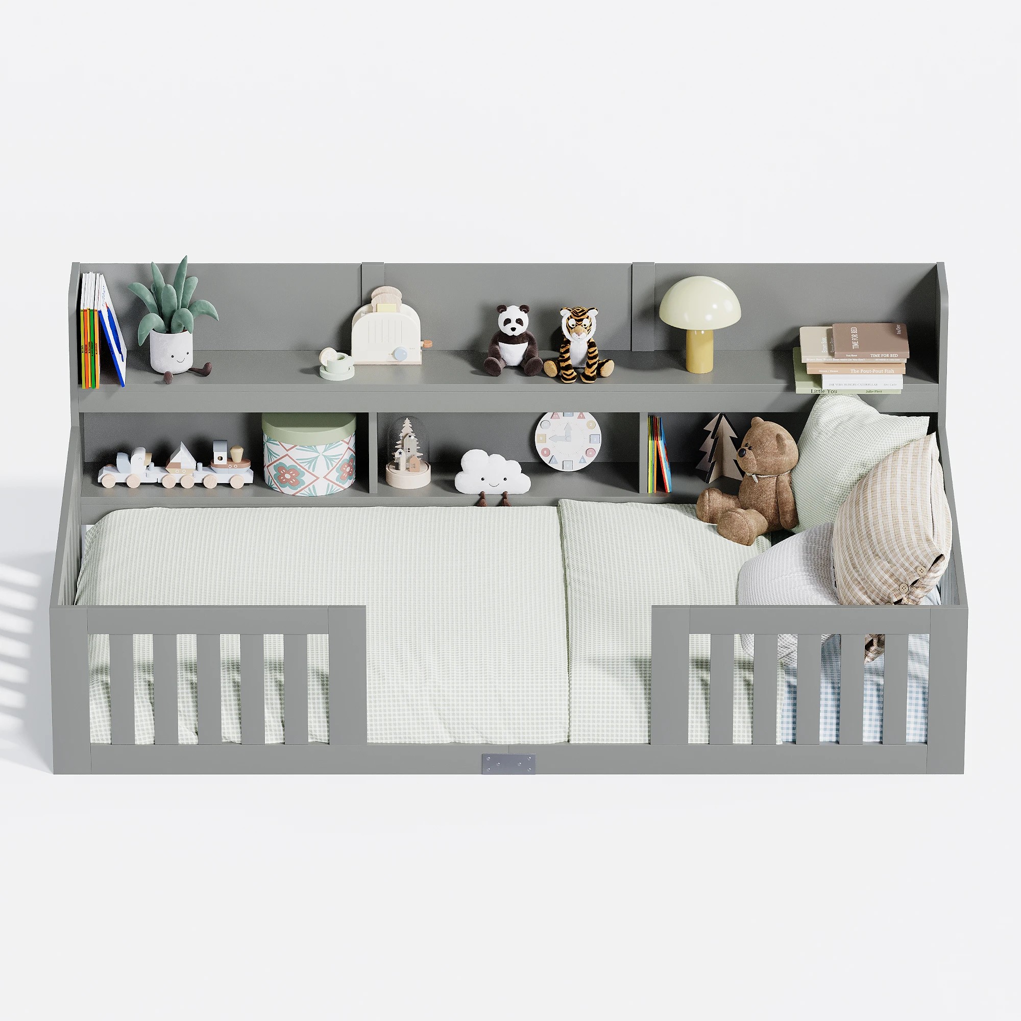 6 Advwin Kids Bed Frame with bookcase Wood Montessori Toddler Floor Bed with Safety Guardrail - Grey, 6 of 10