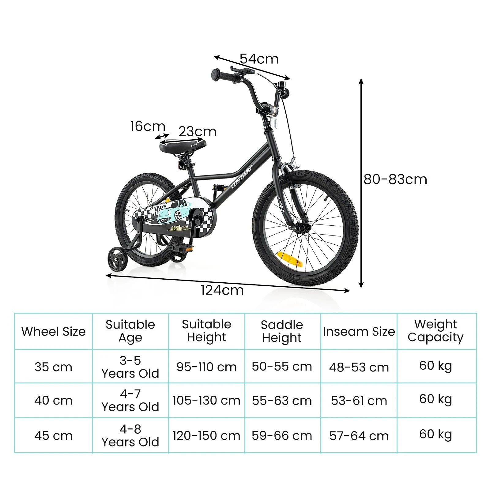2 Costway 45cm Kids Bicycle Adjustable Seat Bike w/Removable Training Wheels - Black, 2 of 2