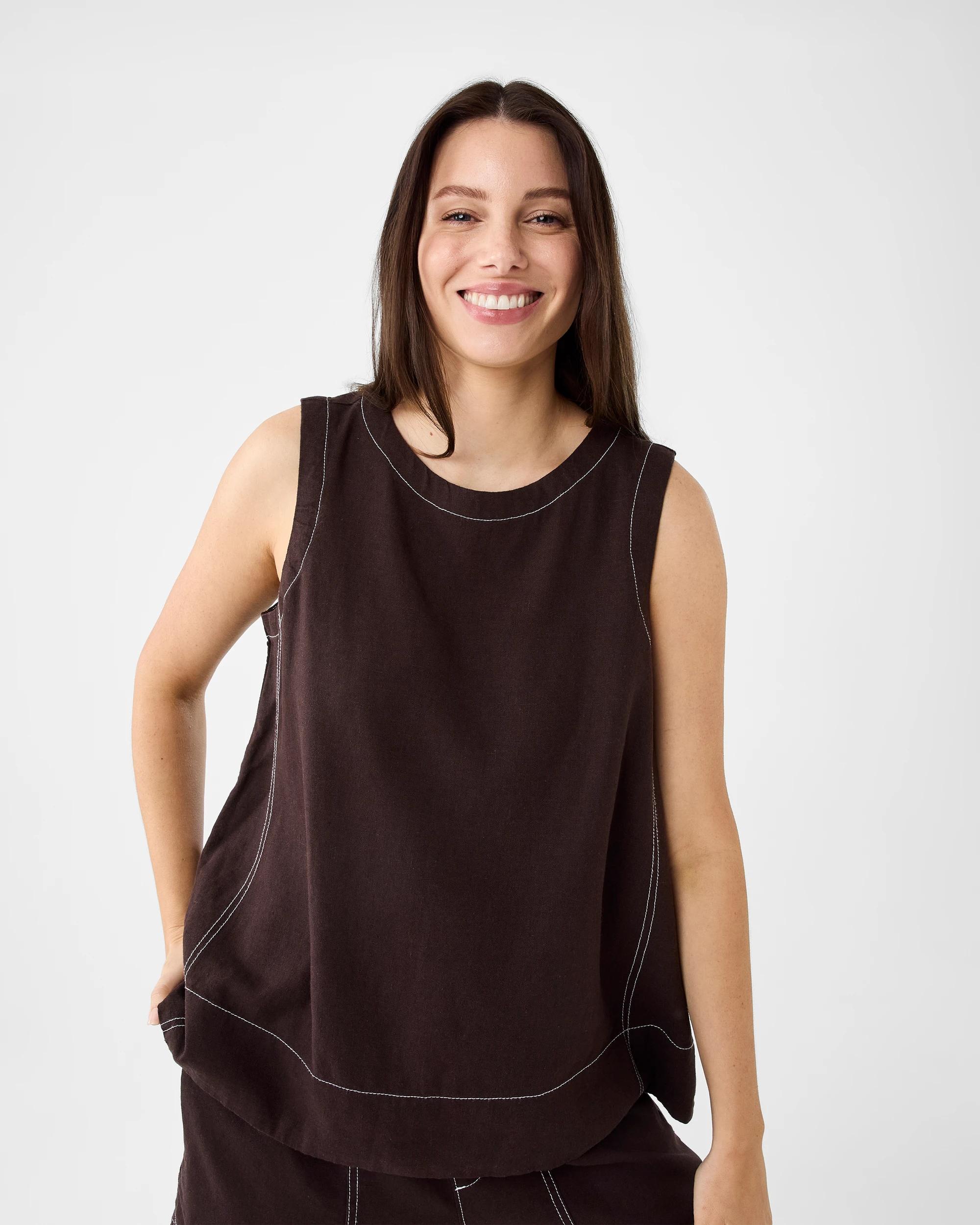 1 Sleeveless Linen Blend Contrast Stitch Swing Top Cbean, 1 of 7