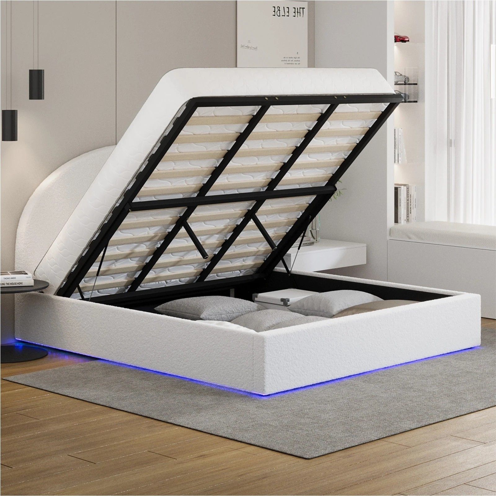 4 Oikiture Bed Frame King Size With Gas Lift Storage Base LED Lights Boucle - White, 4 of 8