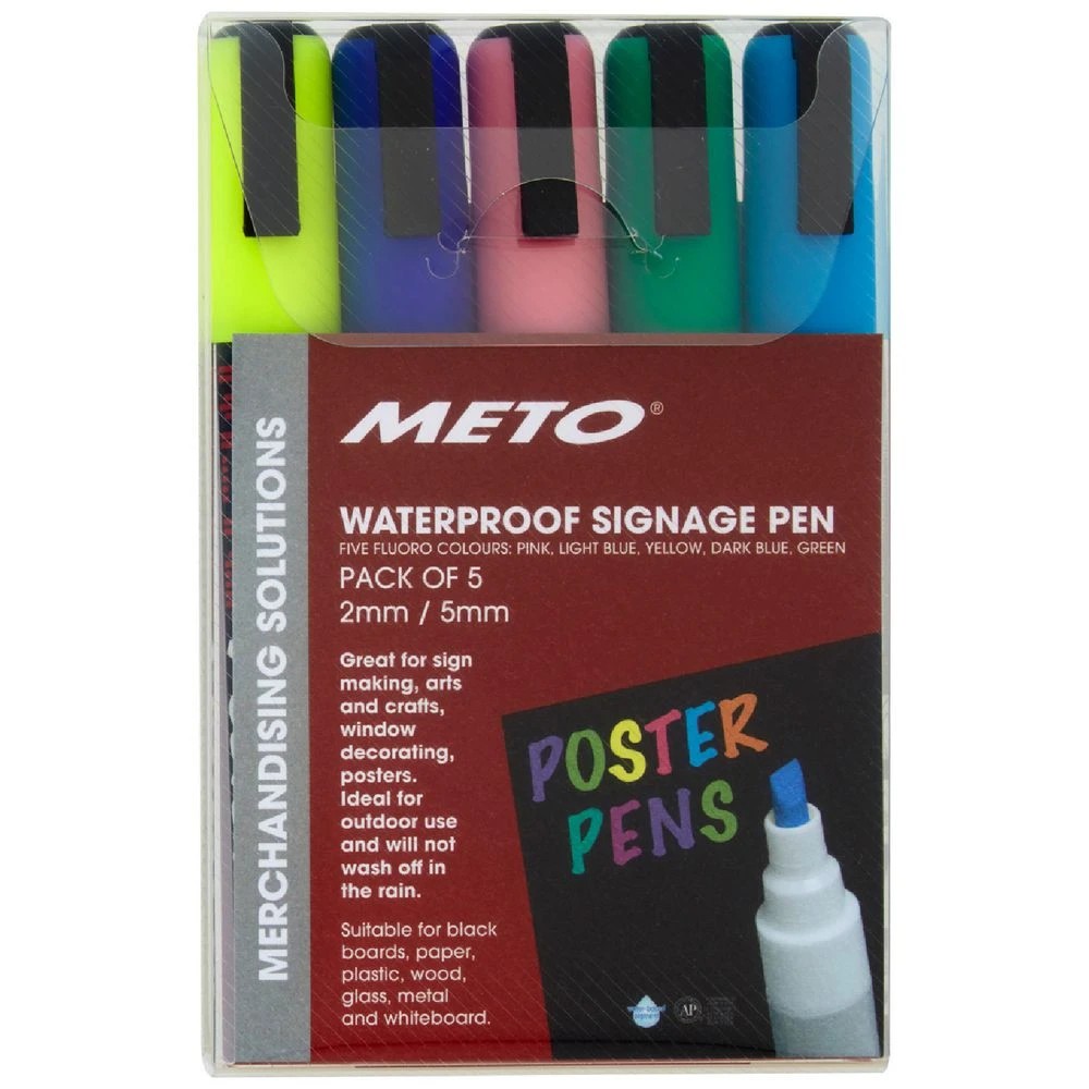 1 Meto Waterproof Sign Poster Pens 2/5mm Tips Assorted 5 Pack, 1 of 2