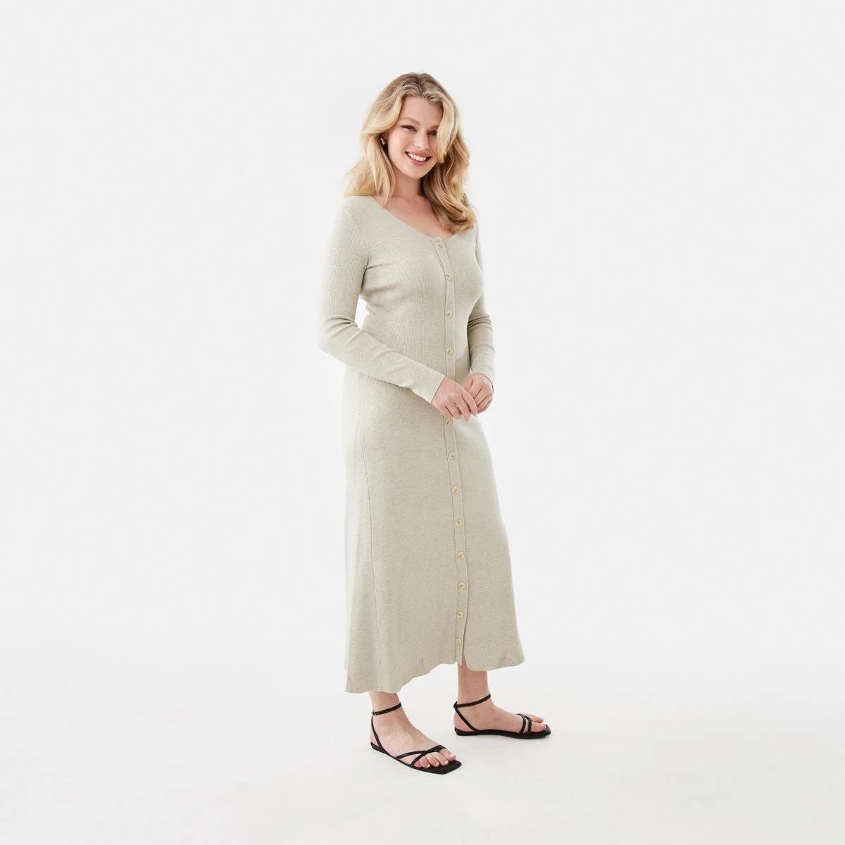 2 Long Sleeve Button Through Knit Maxi Dress Beige Marl, 2 of 6