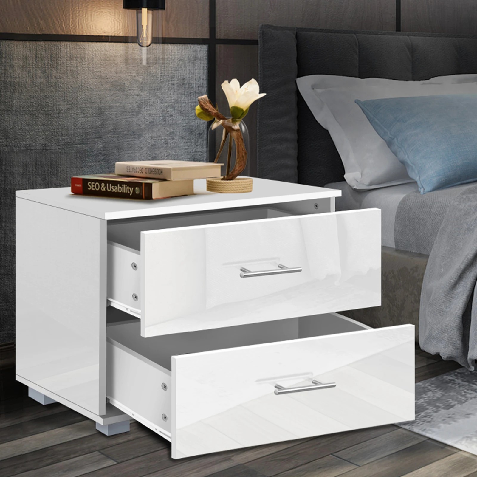 6 Alfordson Bedside Table Nightstand 4 Side High Gloss Side End Table - White, 6 of 10