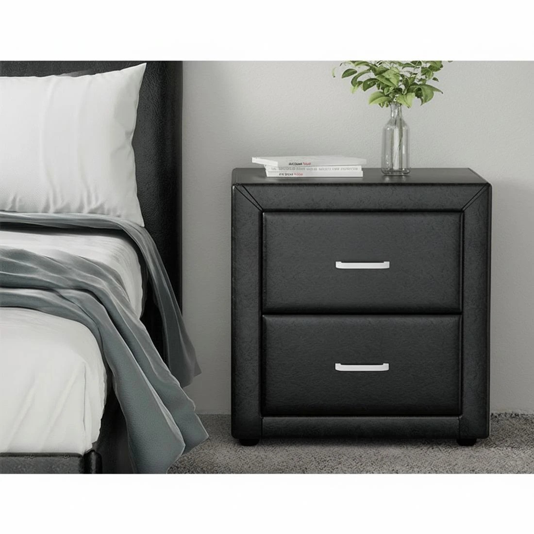 5 Artiss Bedside Table 2 Drawers Side Table Leather - Black, 5 of 10