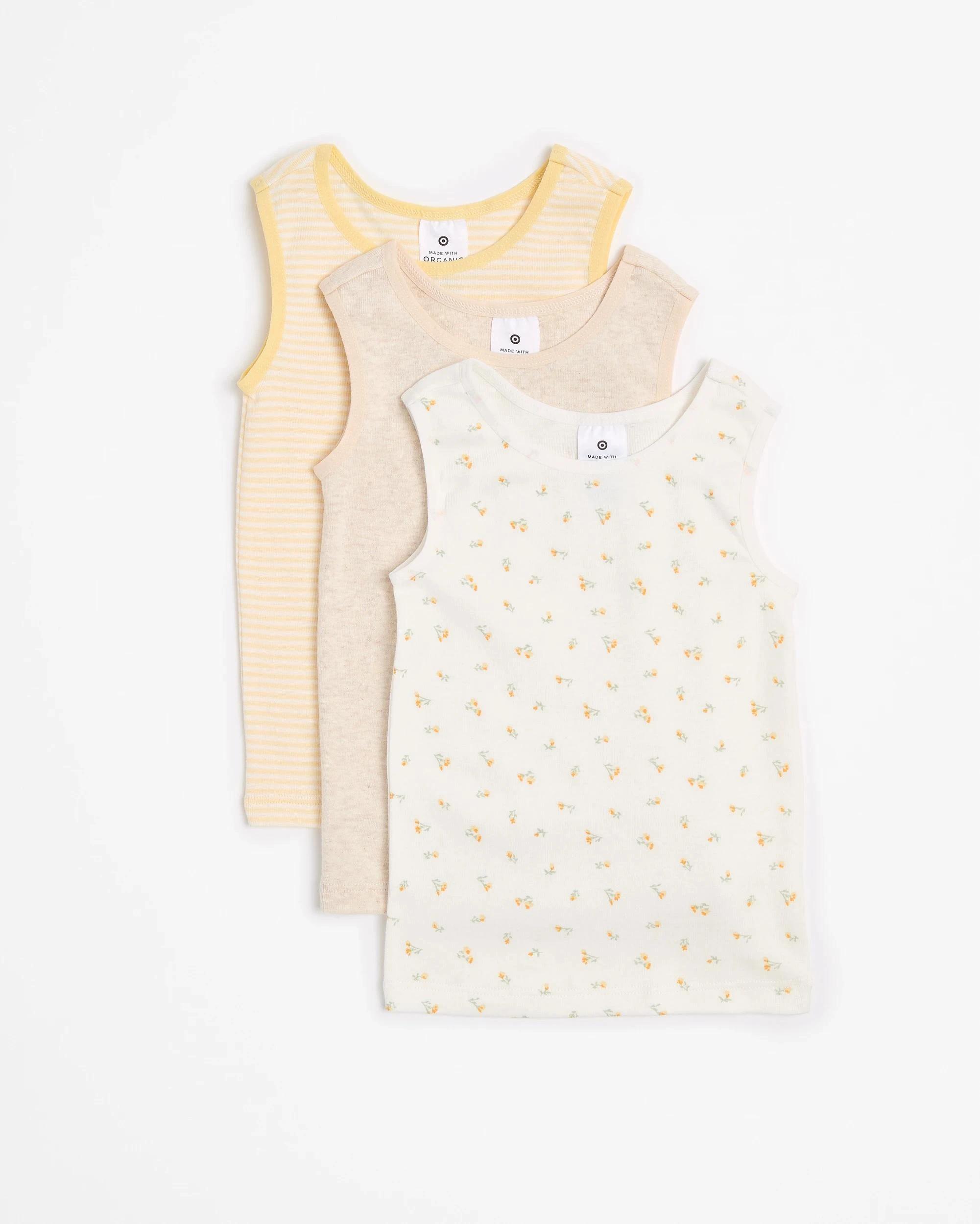 1 Target Baby Organic Cotton Vests 3 Pack DAISY/OATMEAL MARLE/YELLOW STRIPE, 1 of 5